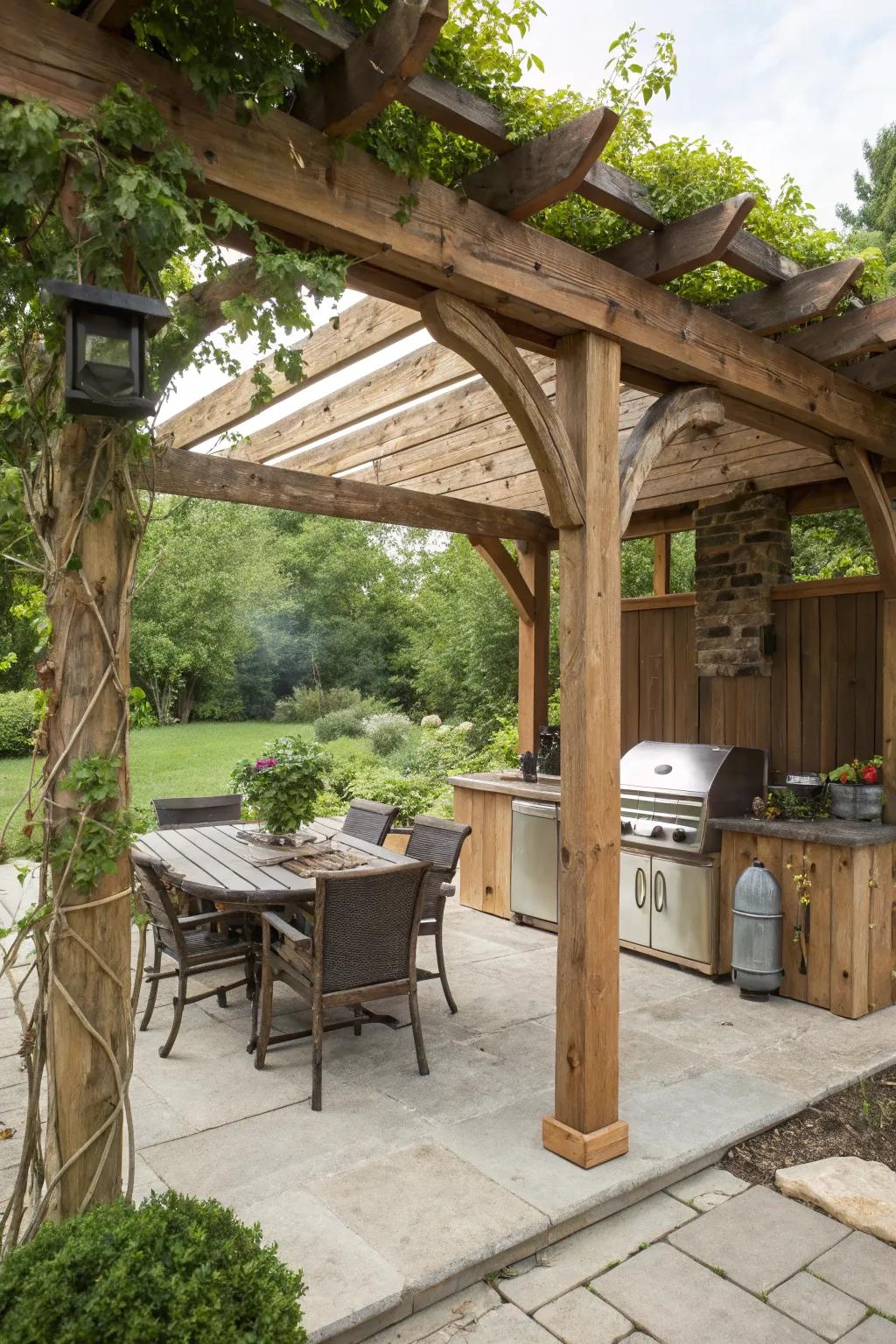 A rustic wooden pergola complements any backyard BBQ setup.