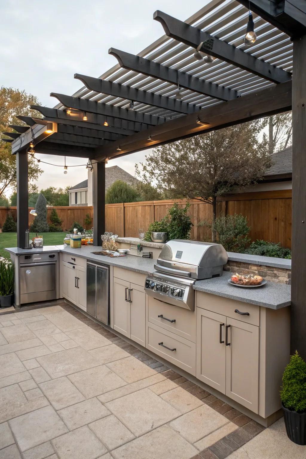 A pergola with an outdoor kitchen for the ultimate BBQ experience.