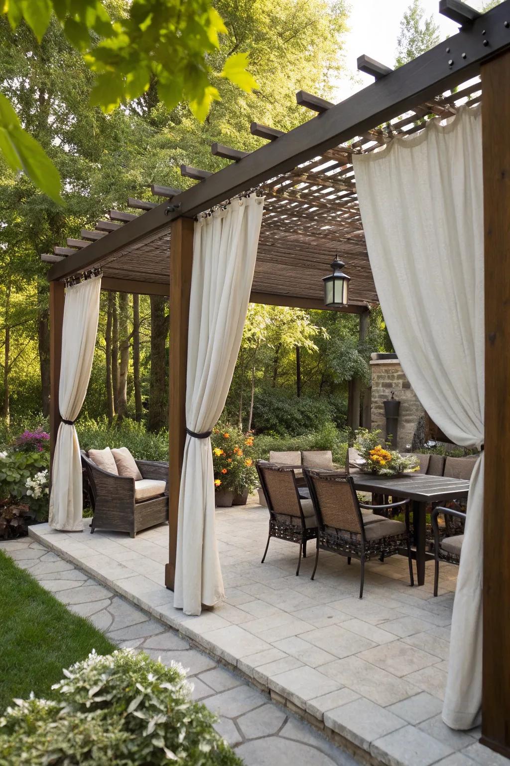 Side curtains provide privacy and style to your pergola.