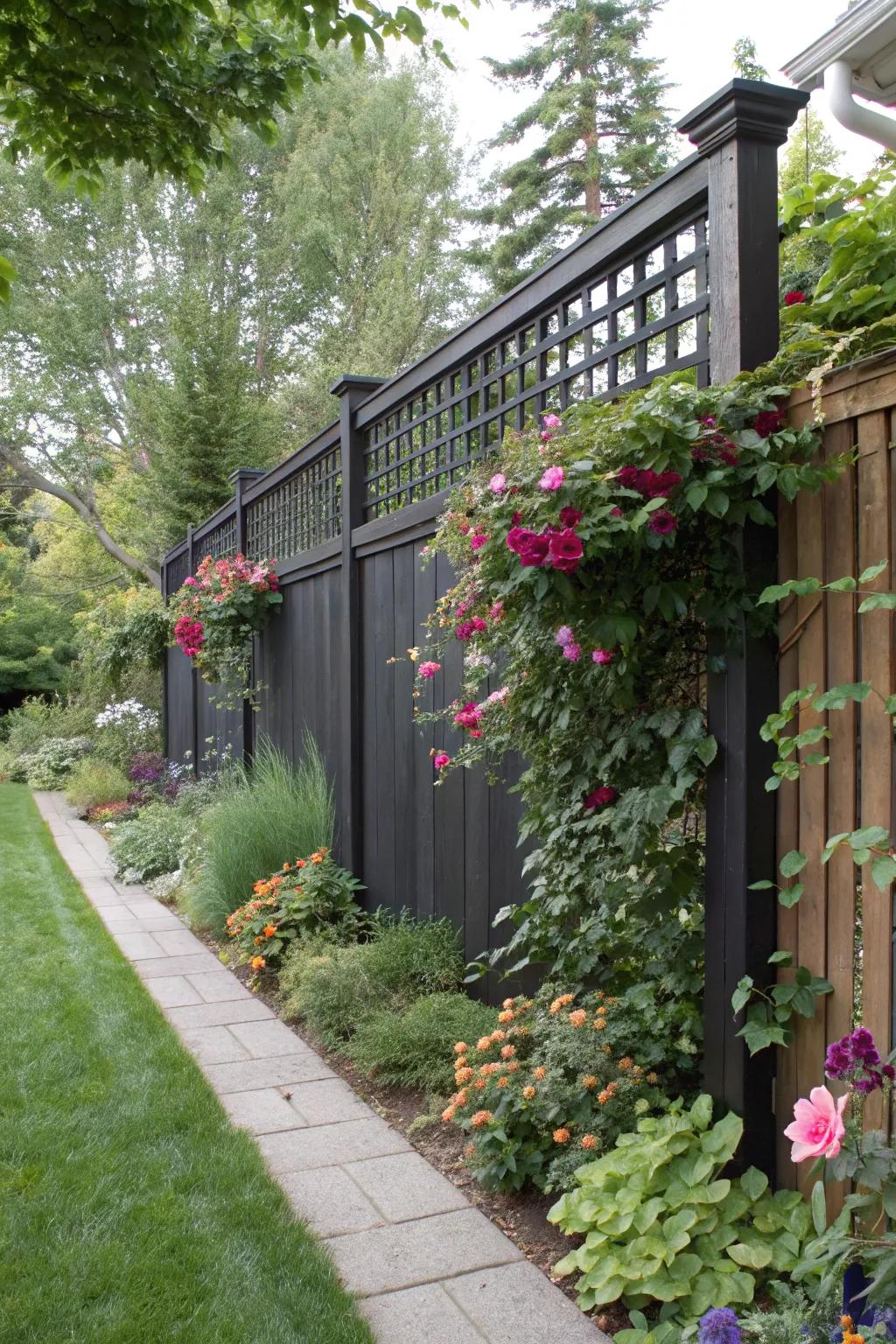A lattice-top black fence adorned with vines for a touch of elegance.