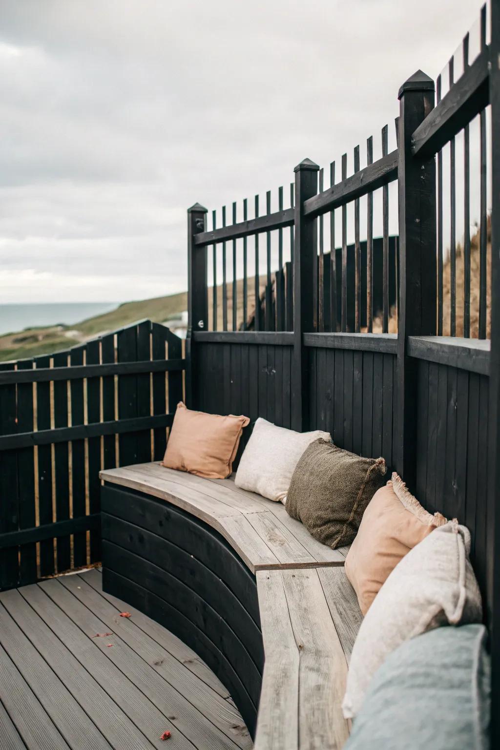 A curved fence creates a cozy nook for relaxation and gatherings.