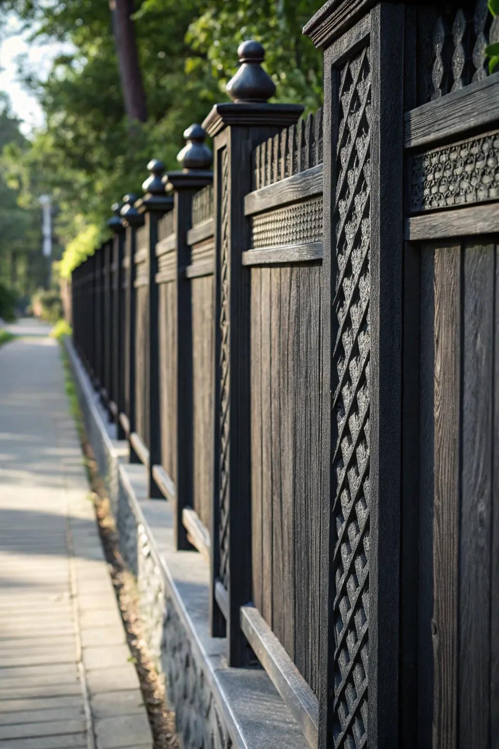 Textured panels enhance the sophistication of a black wood fence.