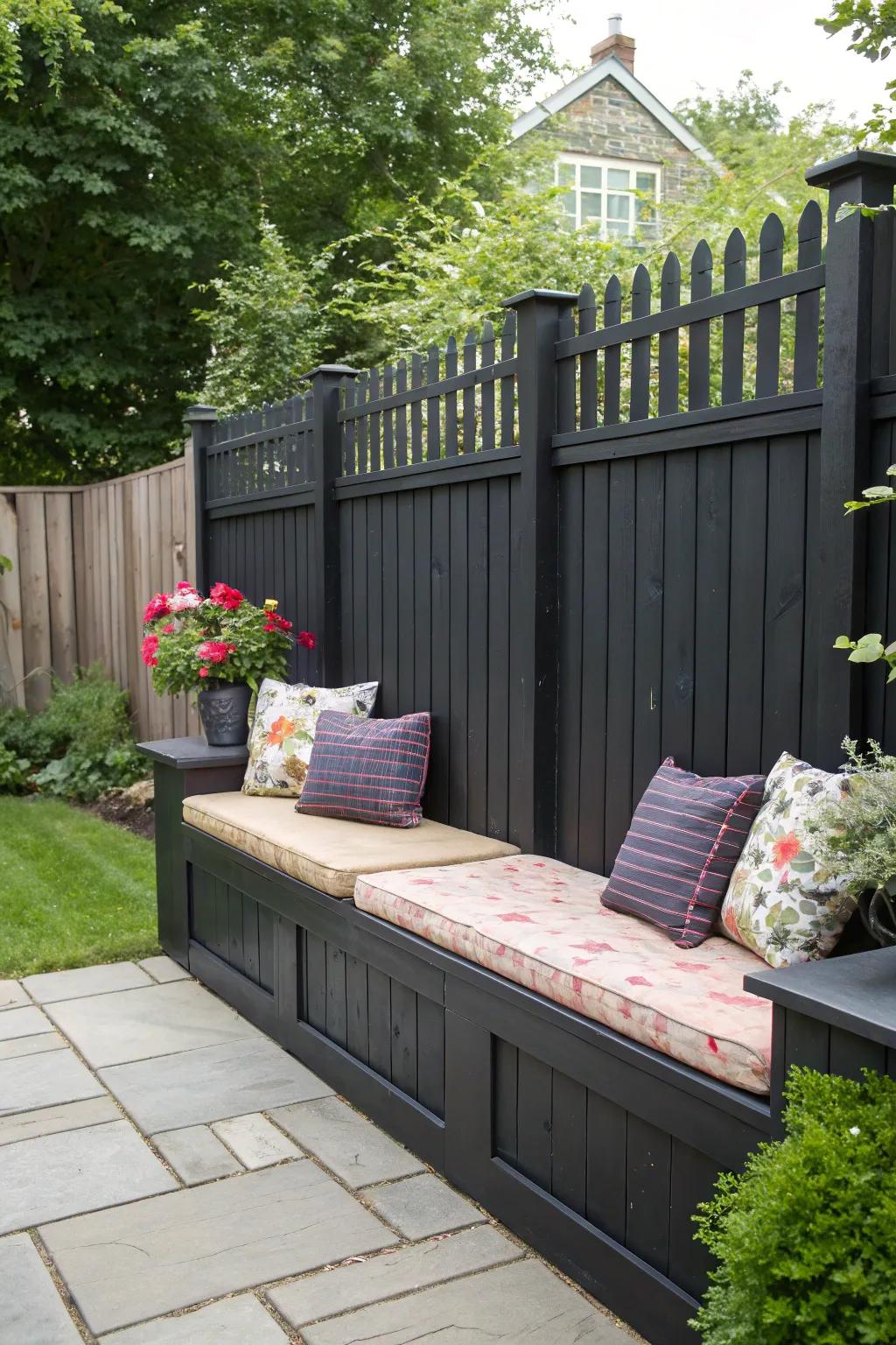 Built-in benches offer a cozy seating solution within a black fence design.