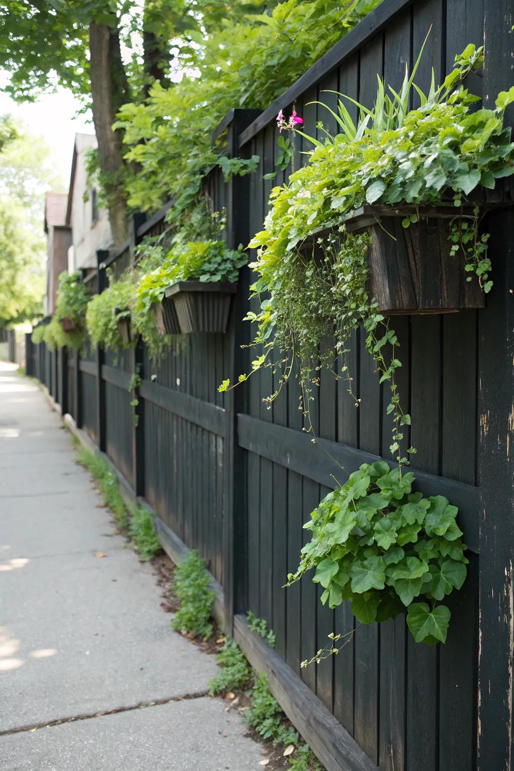 Planters filled with cascading greenery add life to a black fence.