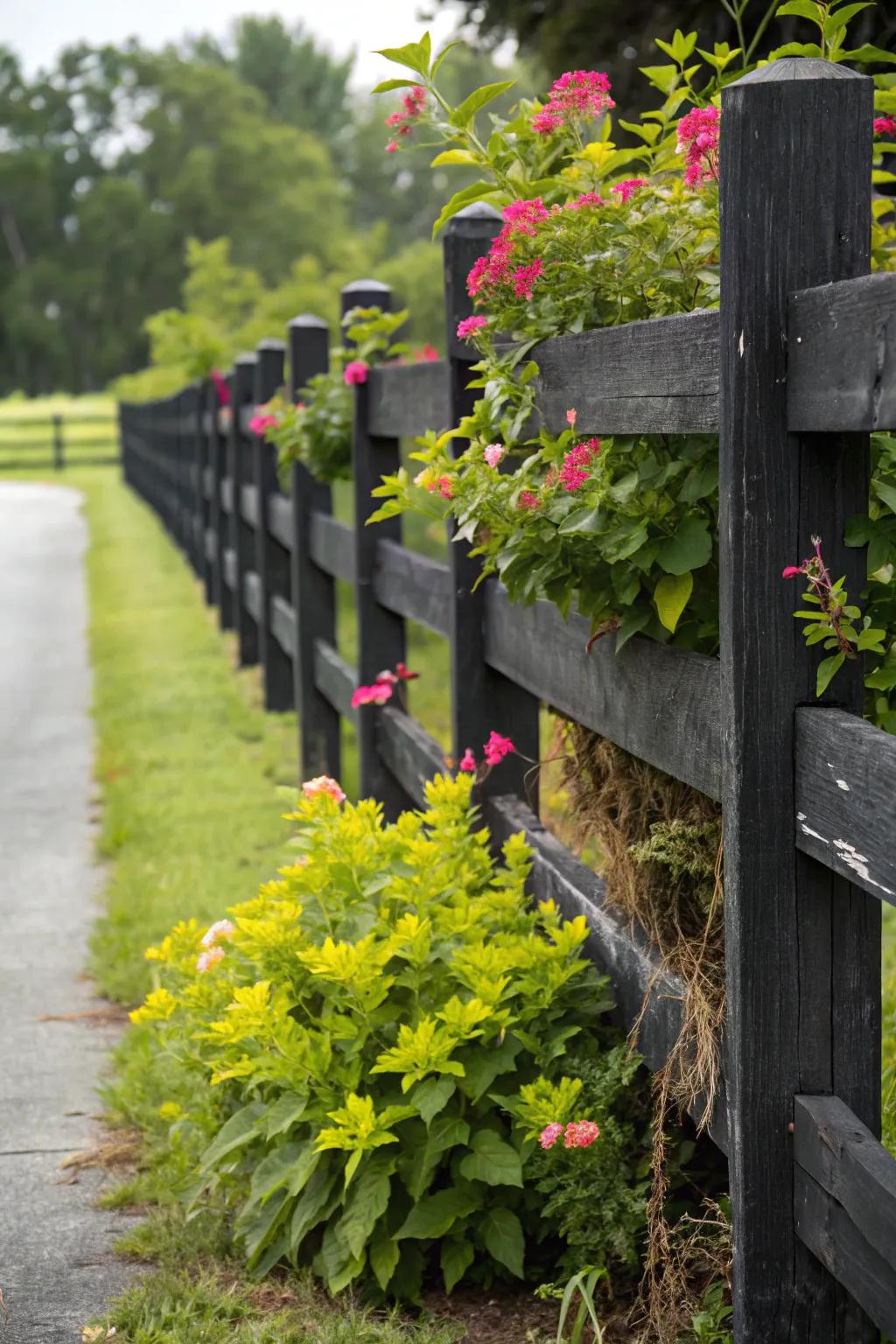 Lush greenery contrasts beautifully against a bold black fence.