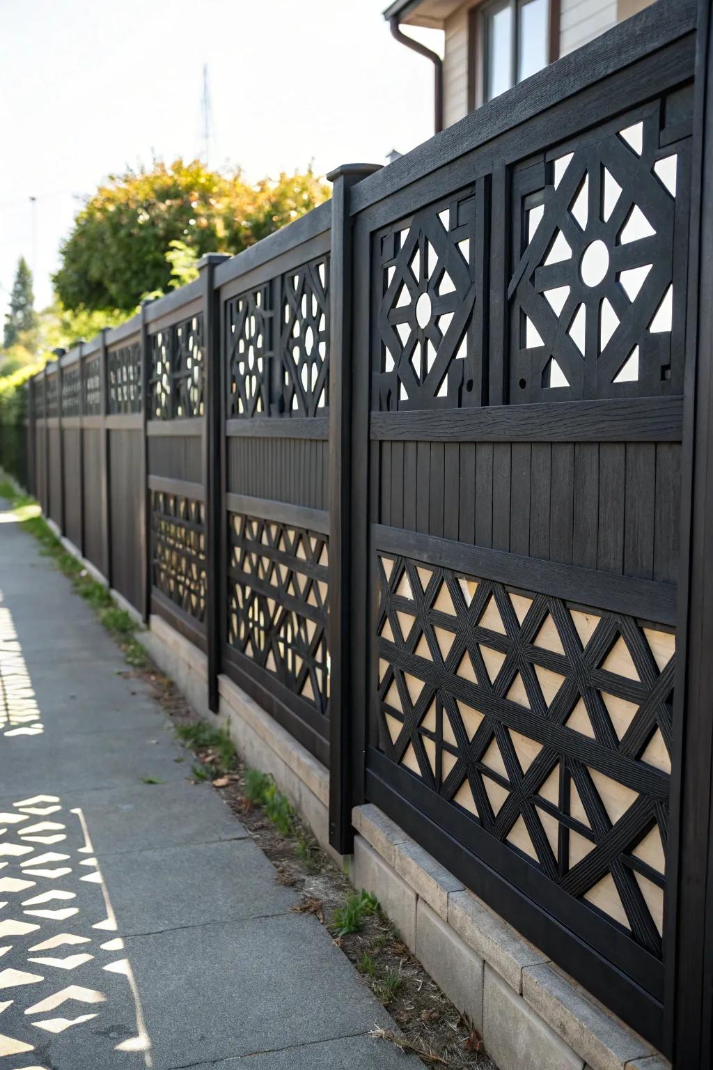 Geometric patterns add a contemporary flair to a black fence.