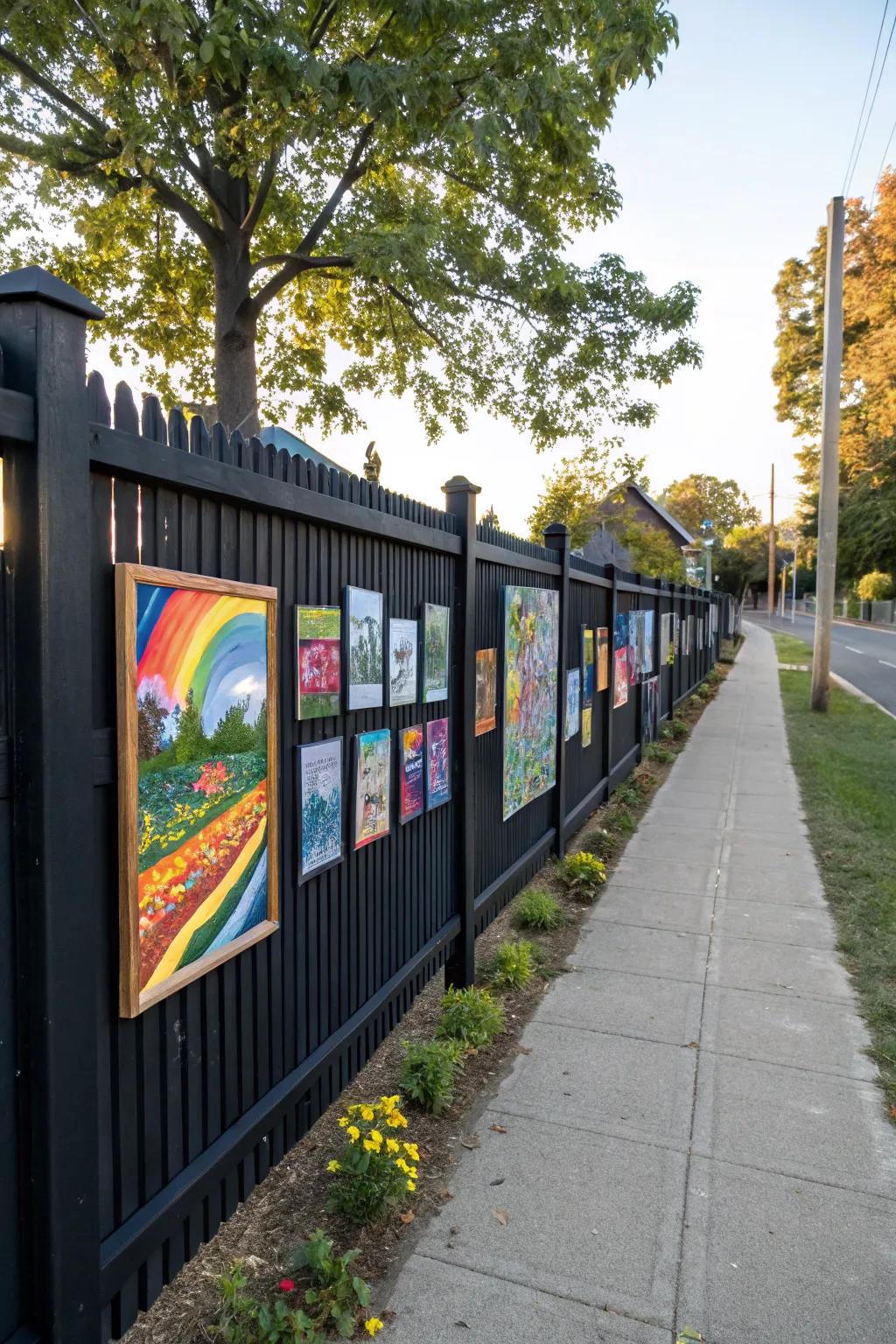 Transform your black fence with vibrant artwork for an outdoor gallery effect.
