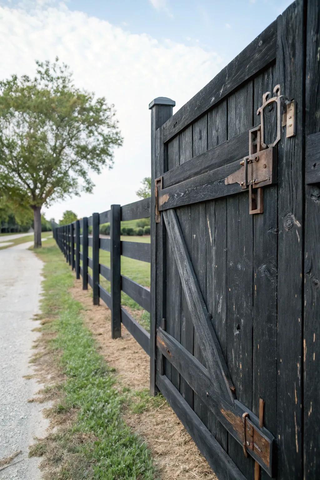 Rustic elements add charm and warmth to a modern black fence.