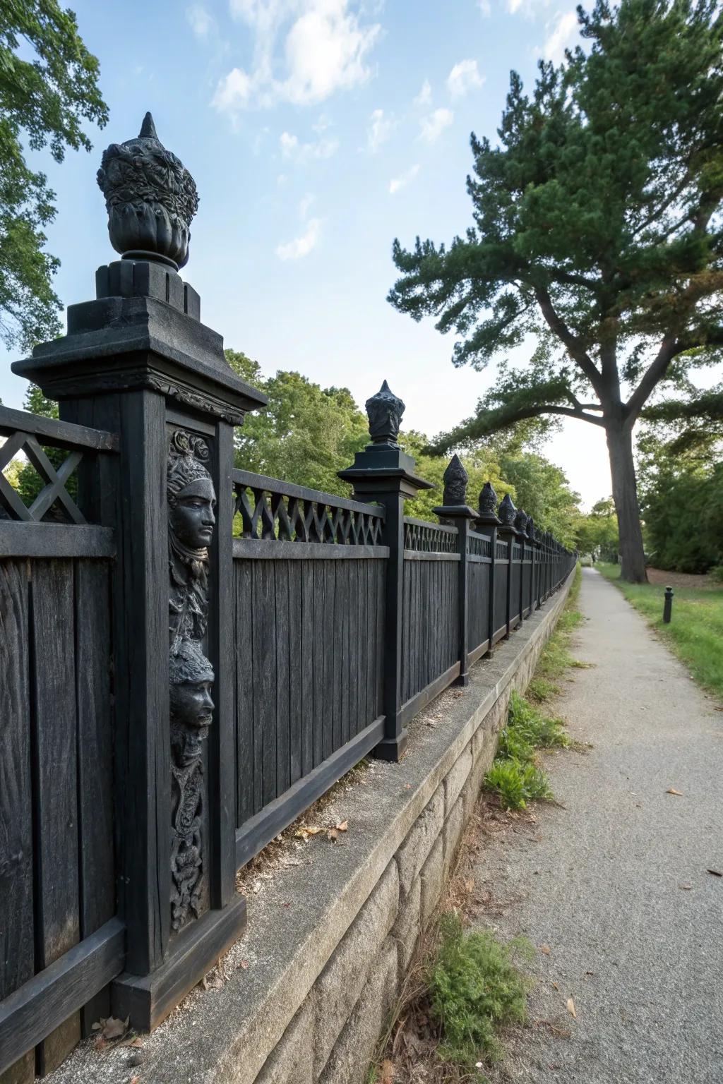 Sculptural elements provide an artistic flair to a black wood fence.