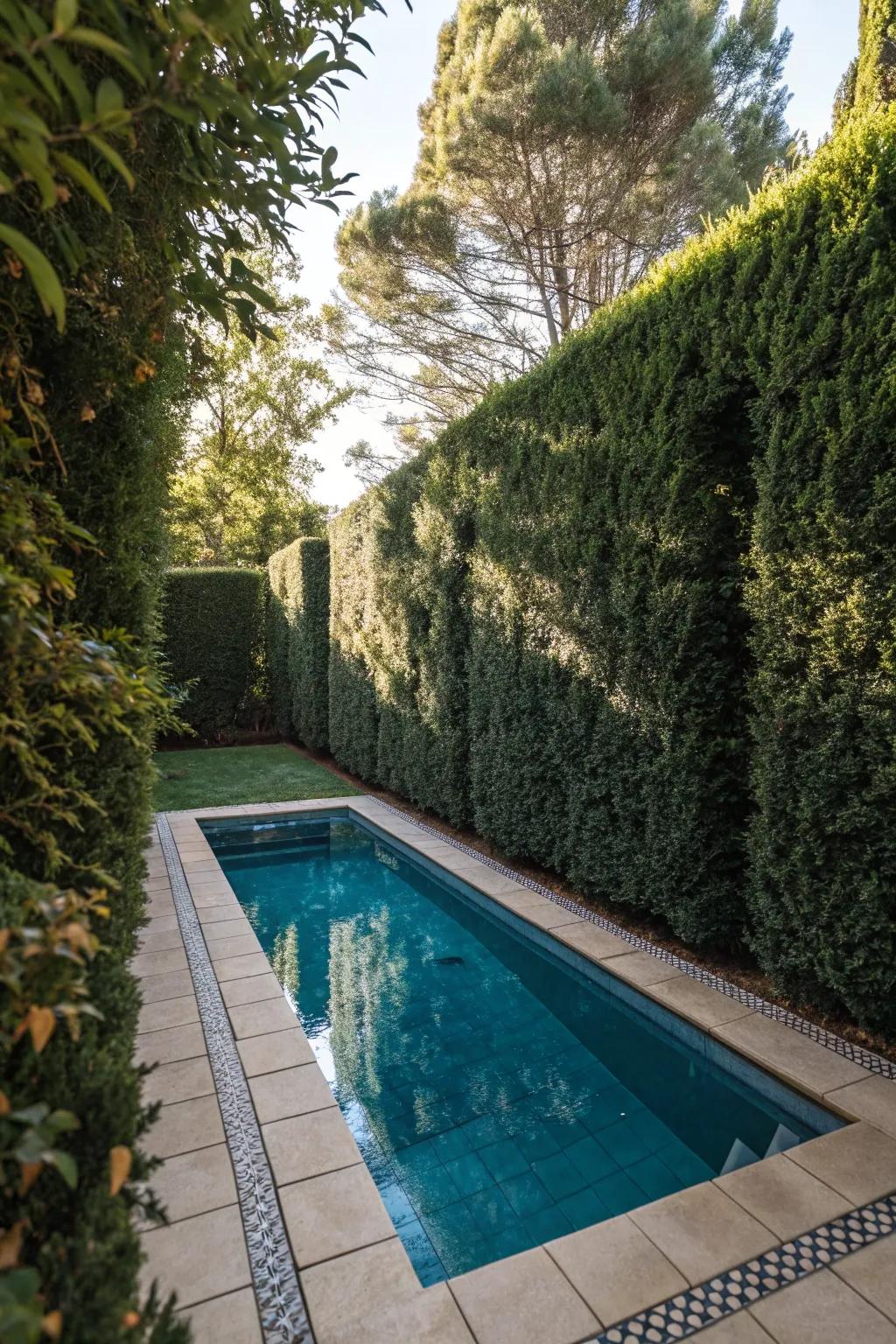 Tall hedges form a natural green barrier around this pool, offering privacy and tranquility.