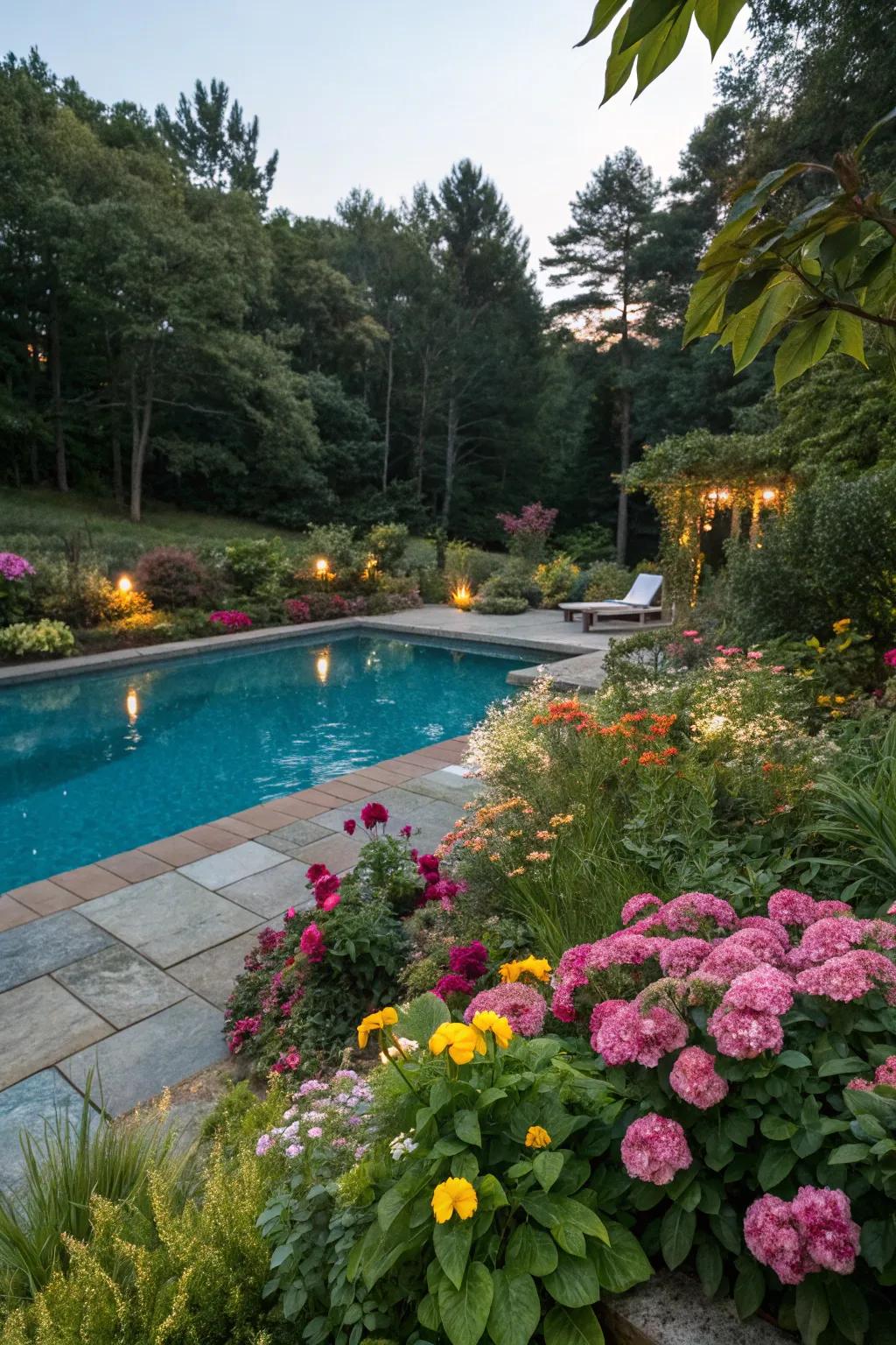 Colorful flowers and dense vegetation create a private and visually appealing pool setting.