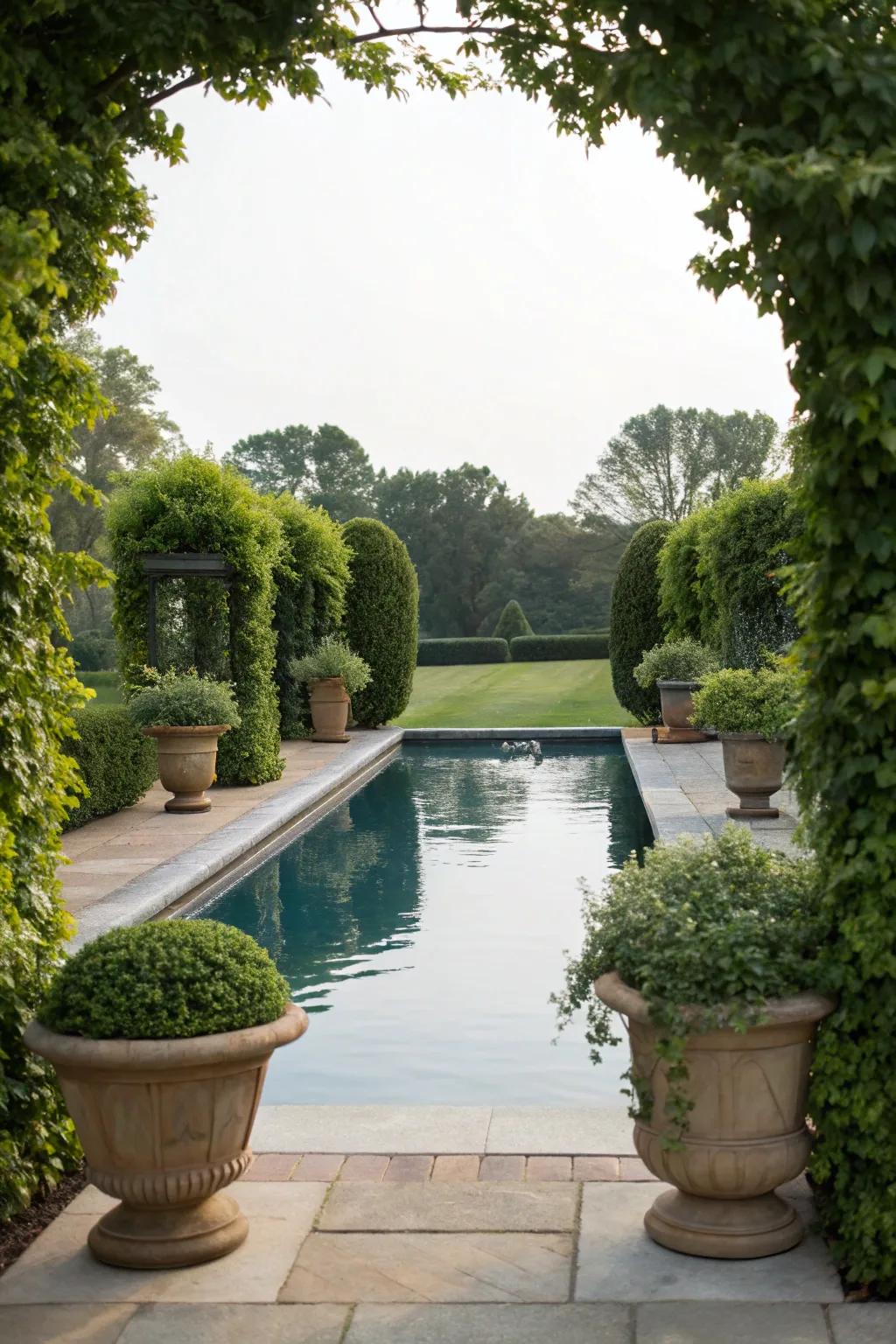 Cascading plants add privacy and a lush touch to this paved pool area.