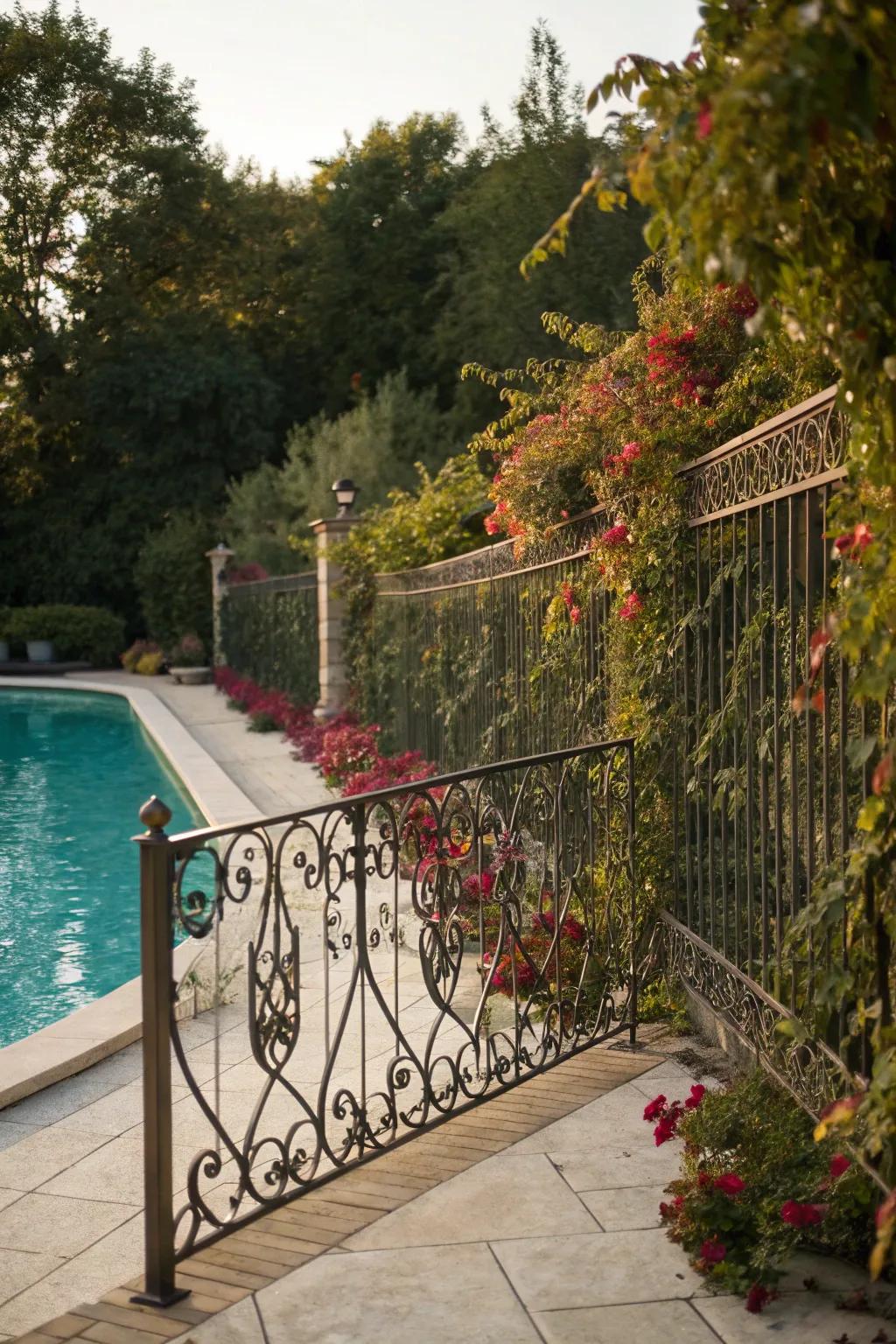 A decorative fence with climbing vines adds privacy and elegance to this pool area.