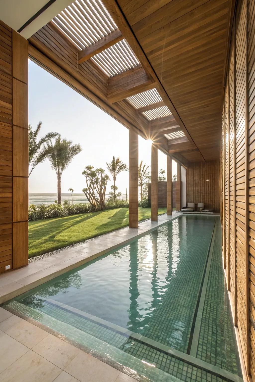 Wooden panels provide a sophisticated privacy solution for this backyard pool.