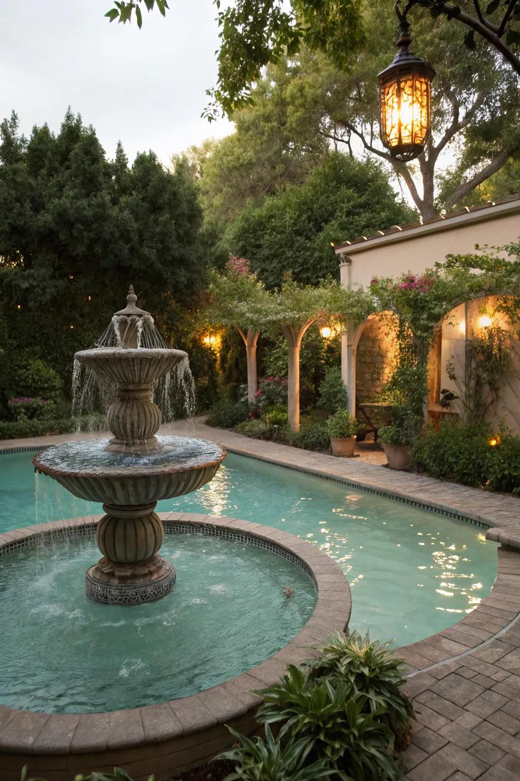 A fountain provides acoustic privacy and a calming effect in this pool area.