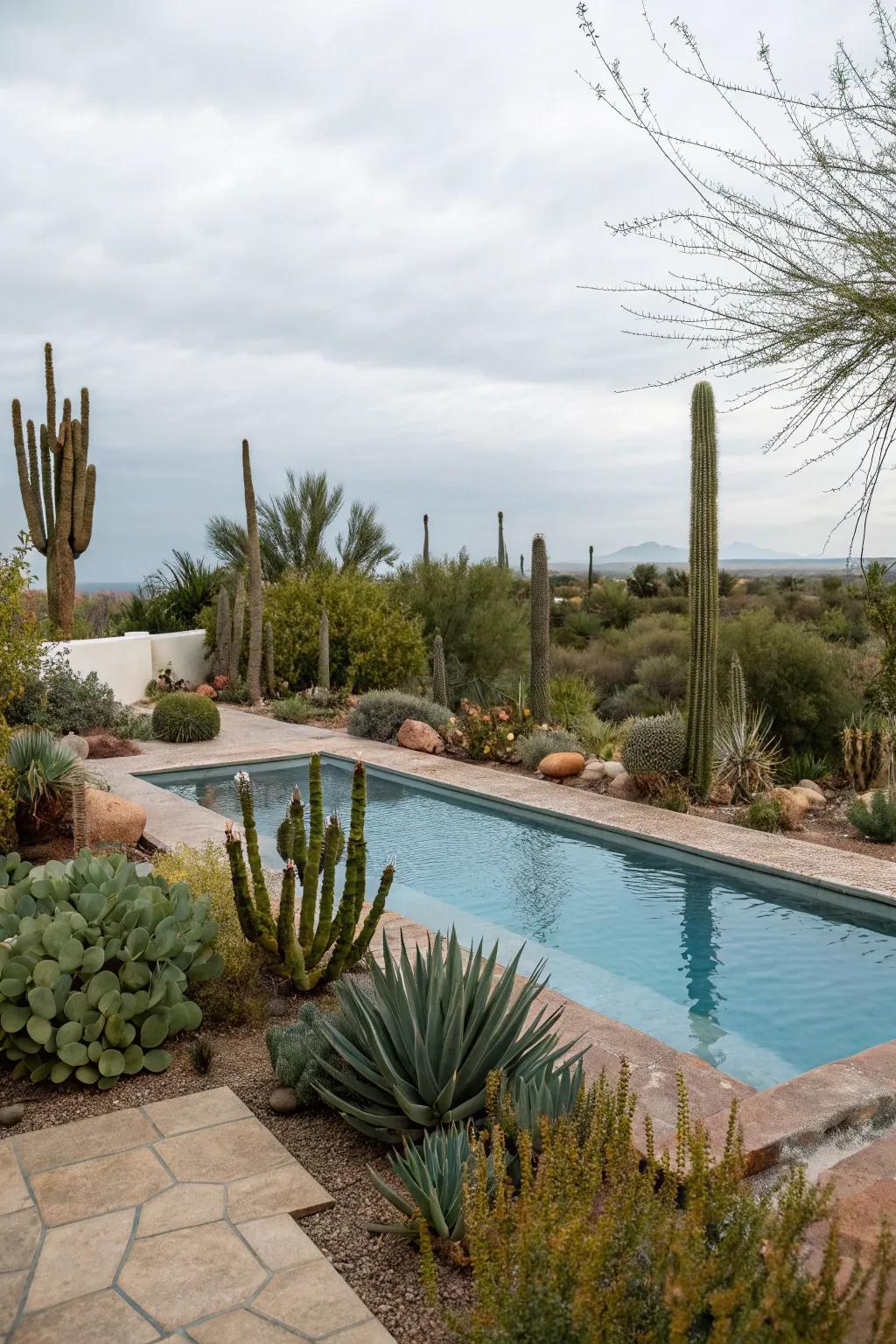Cacti and desert plants offer a unique and low-maintenance privacy option for this pool.