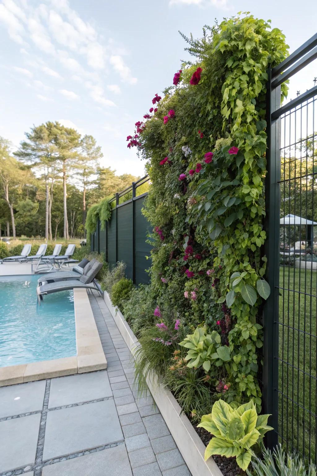 A vertical garden transforms a fence into a living privacy screen for this pool.
