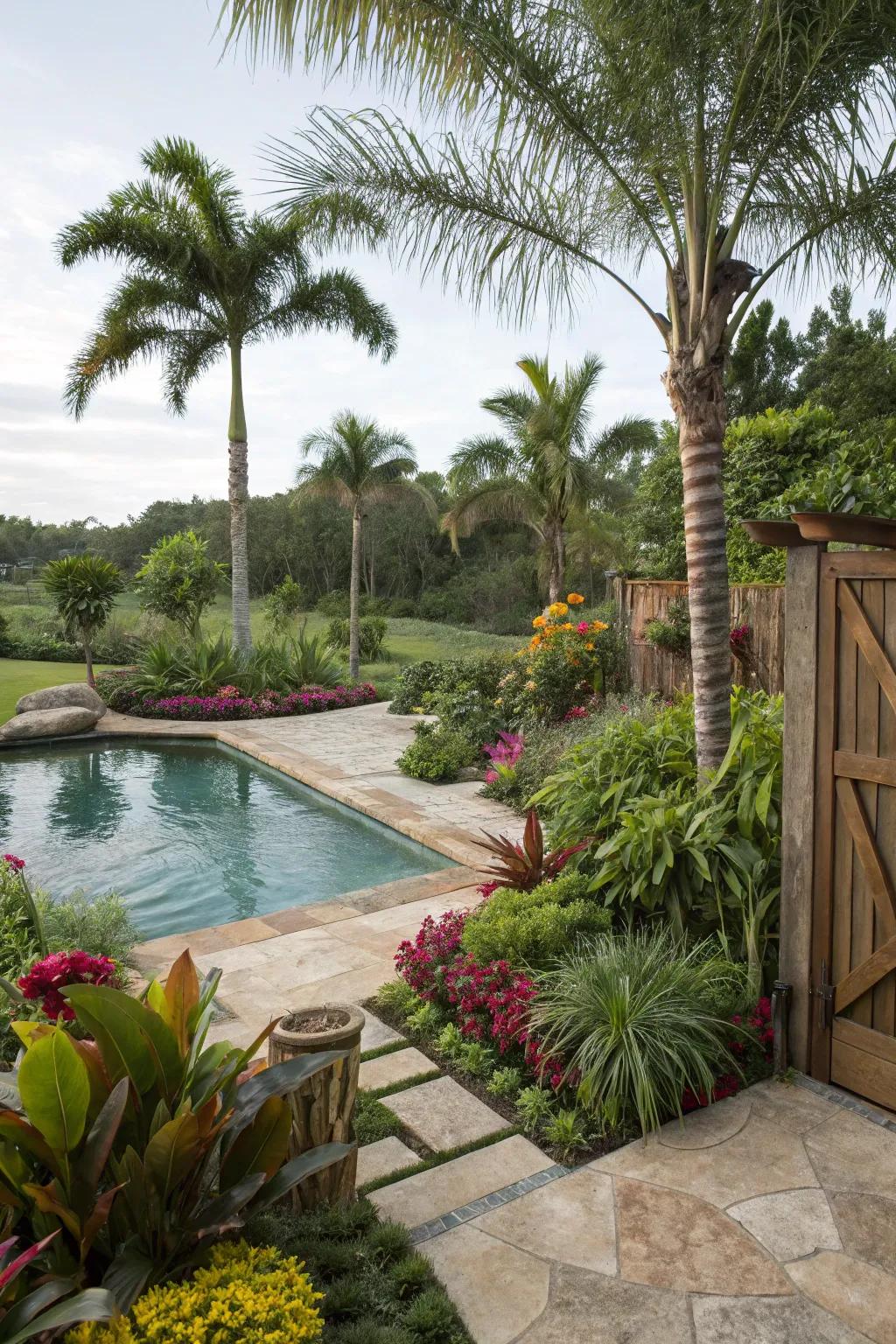 Layered landscaping provides depth and privacy for this beautiful pool area.