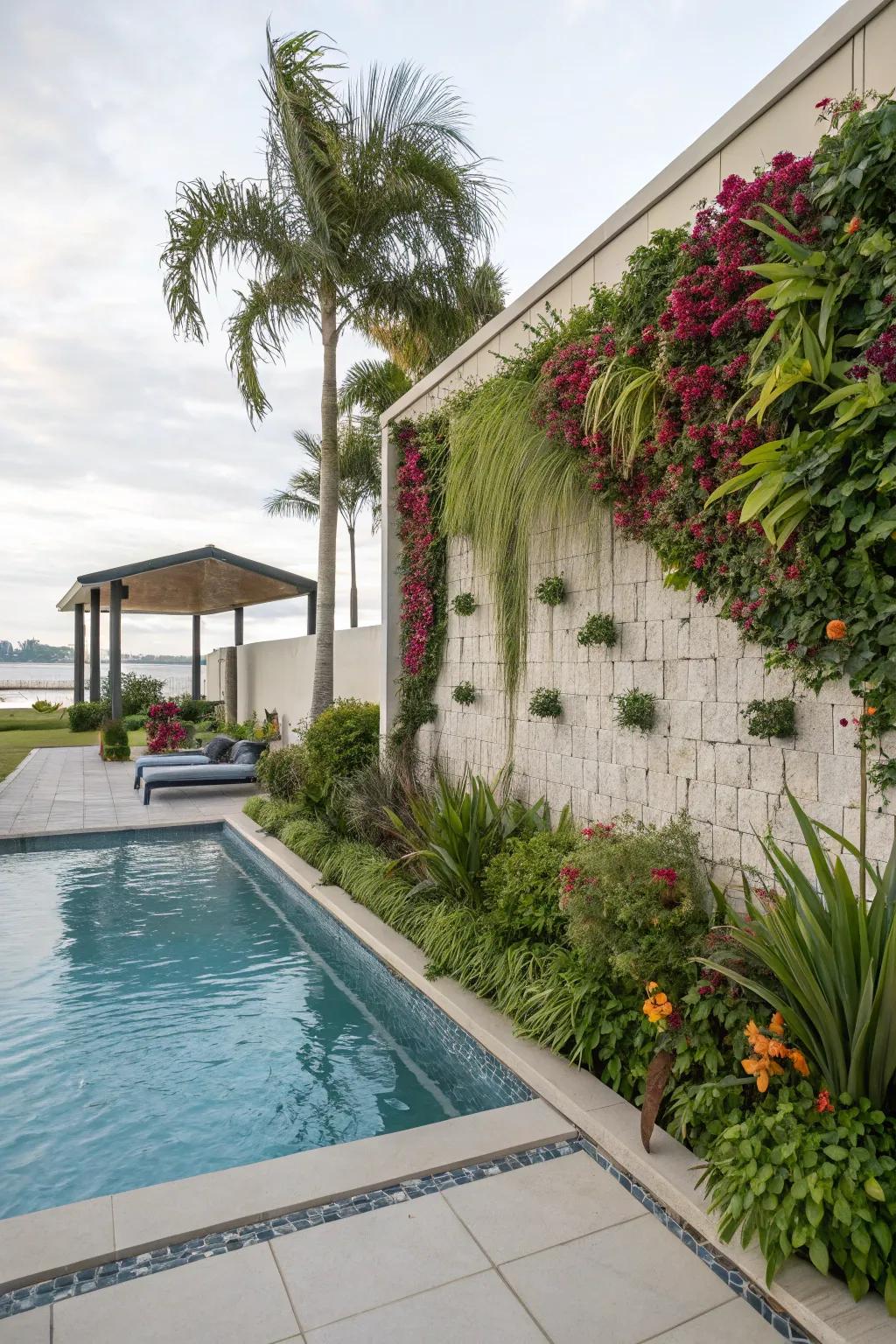 A feature wall with plants adds a unique and private touch to this pool area.