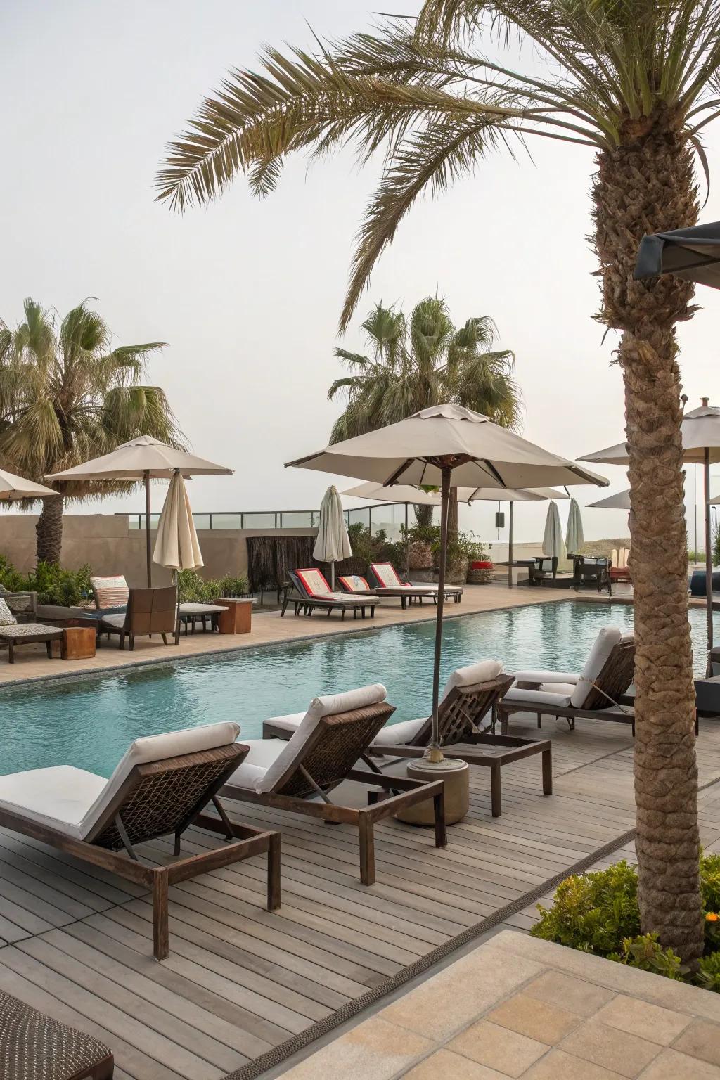 Thoughtfully placed furniture enhances privacy in this inviting poolside setting.