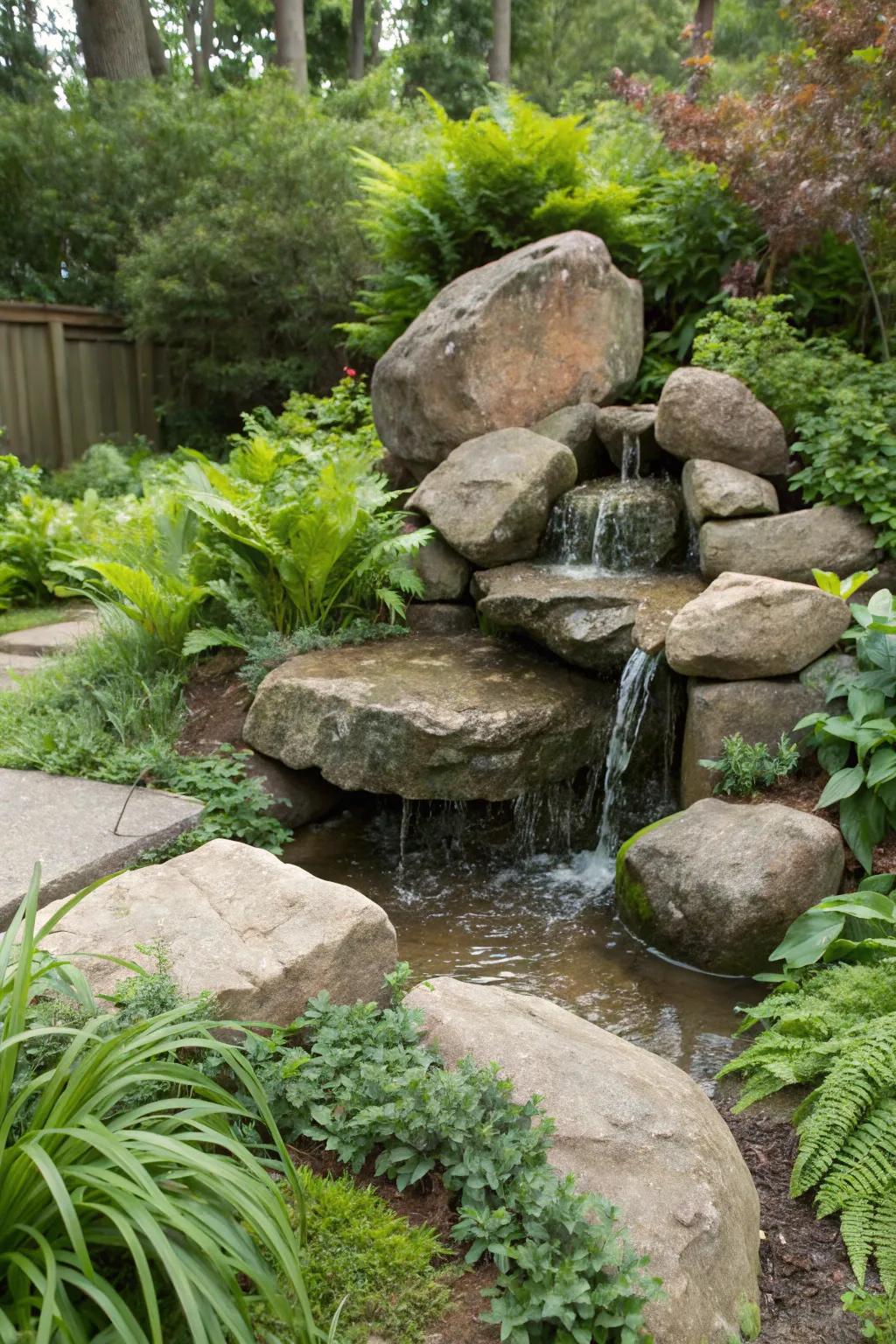 Natural rock formations create a rustic charm in this garden fountain.