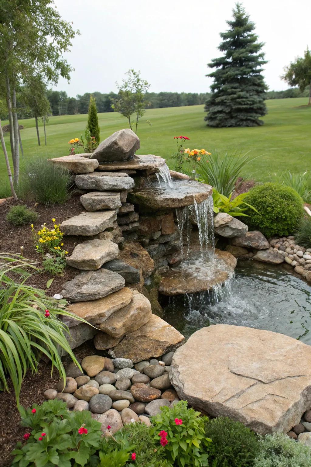 Layered stones bring elegance and dimension to this fountain.