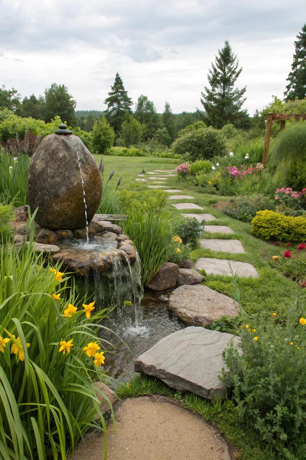 Interactive stepping stones make this fountain a playful garden feature.