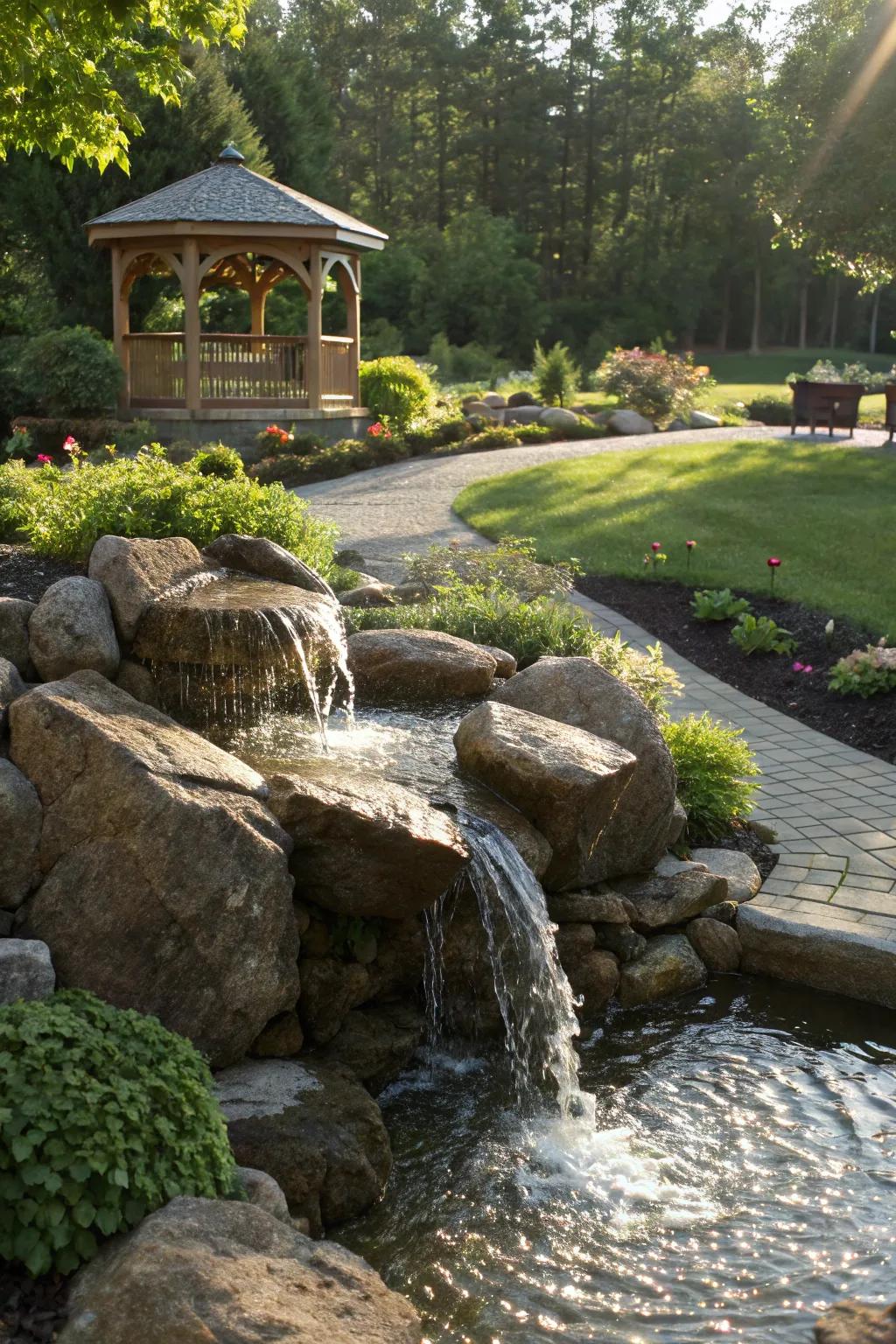 Cascading waterfalls enhance the sensory experience of this garden.