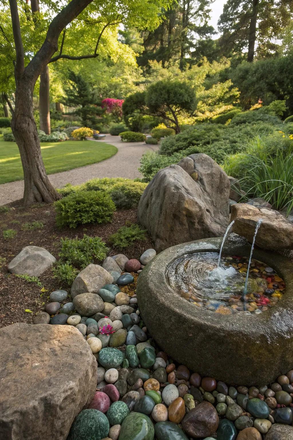 Colorful stones bring a playful twist to this garden fountain.