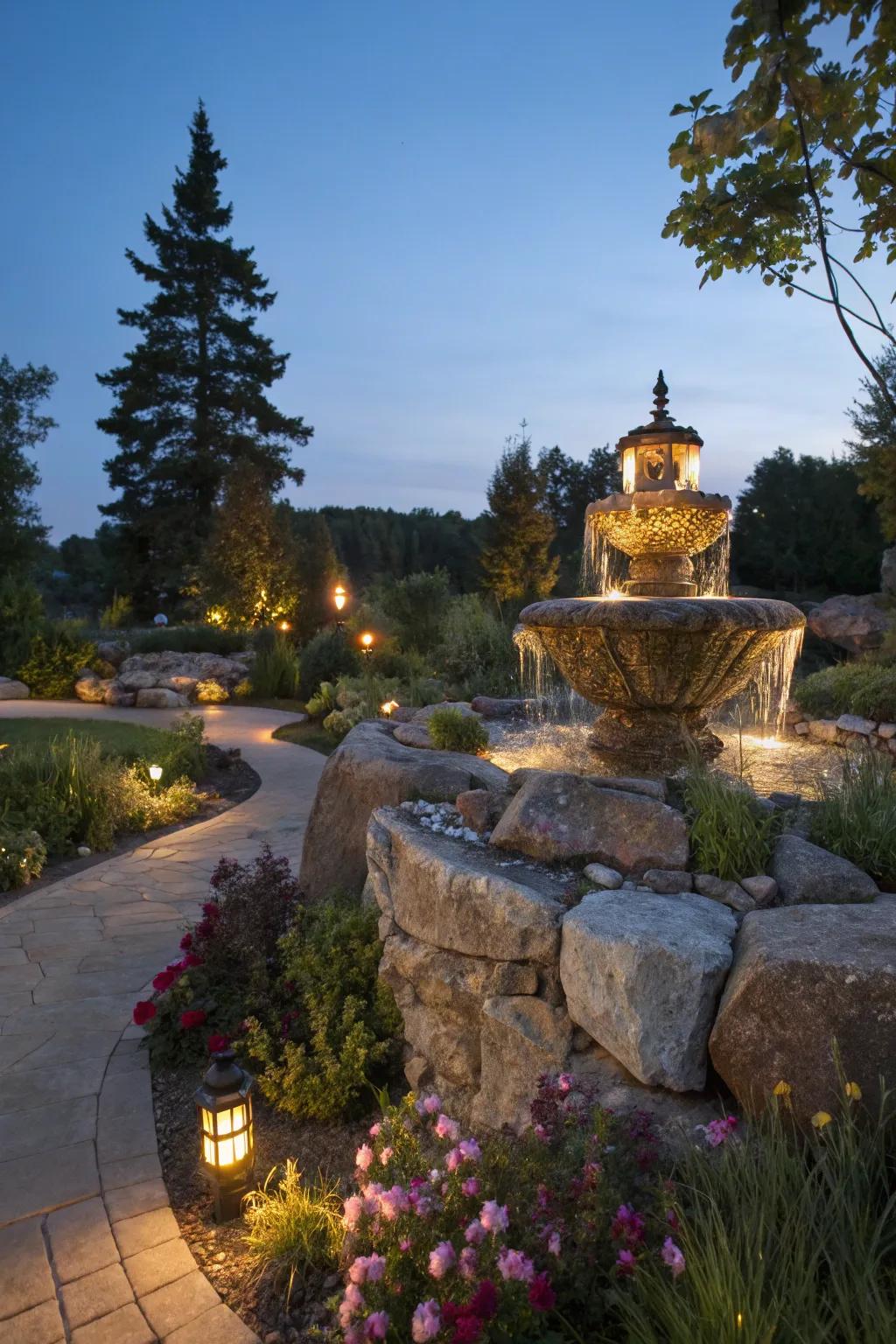 Subtle lighting transforms this fountain into a nighttime marvel.