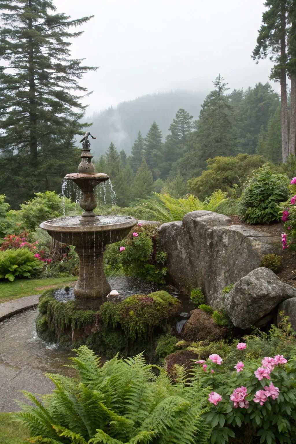 Lush greenery enhances the natural feel of this boulder fountain.