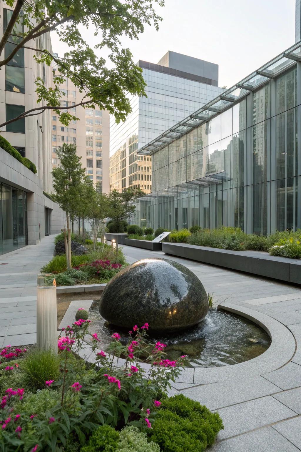 A sleek urban oasis with a polished stone fountain.