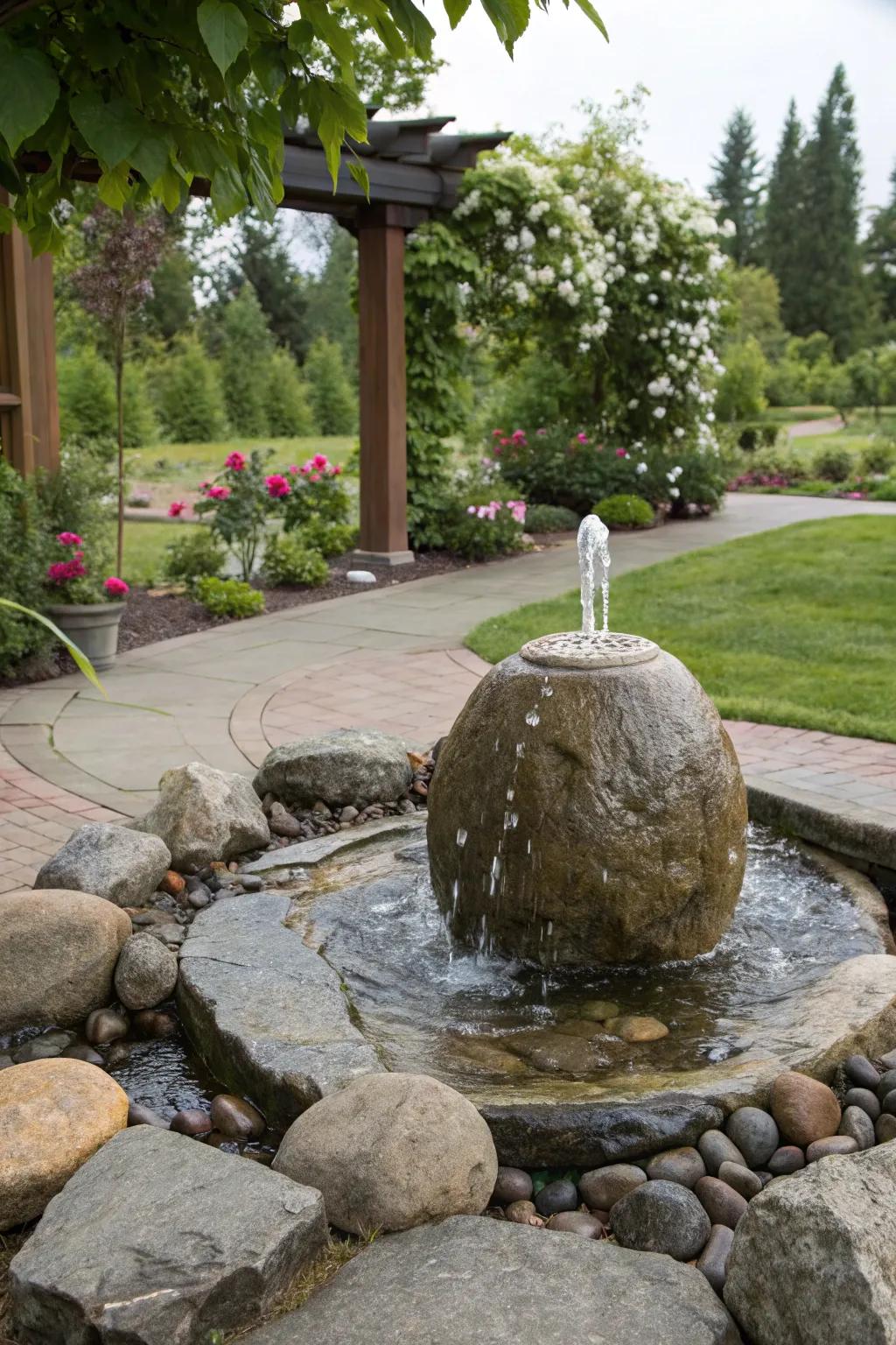 A striking feature stone serves as the focal point of this fountain.
