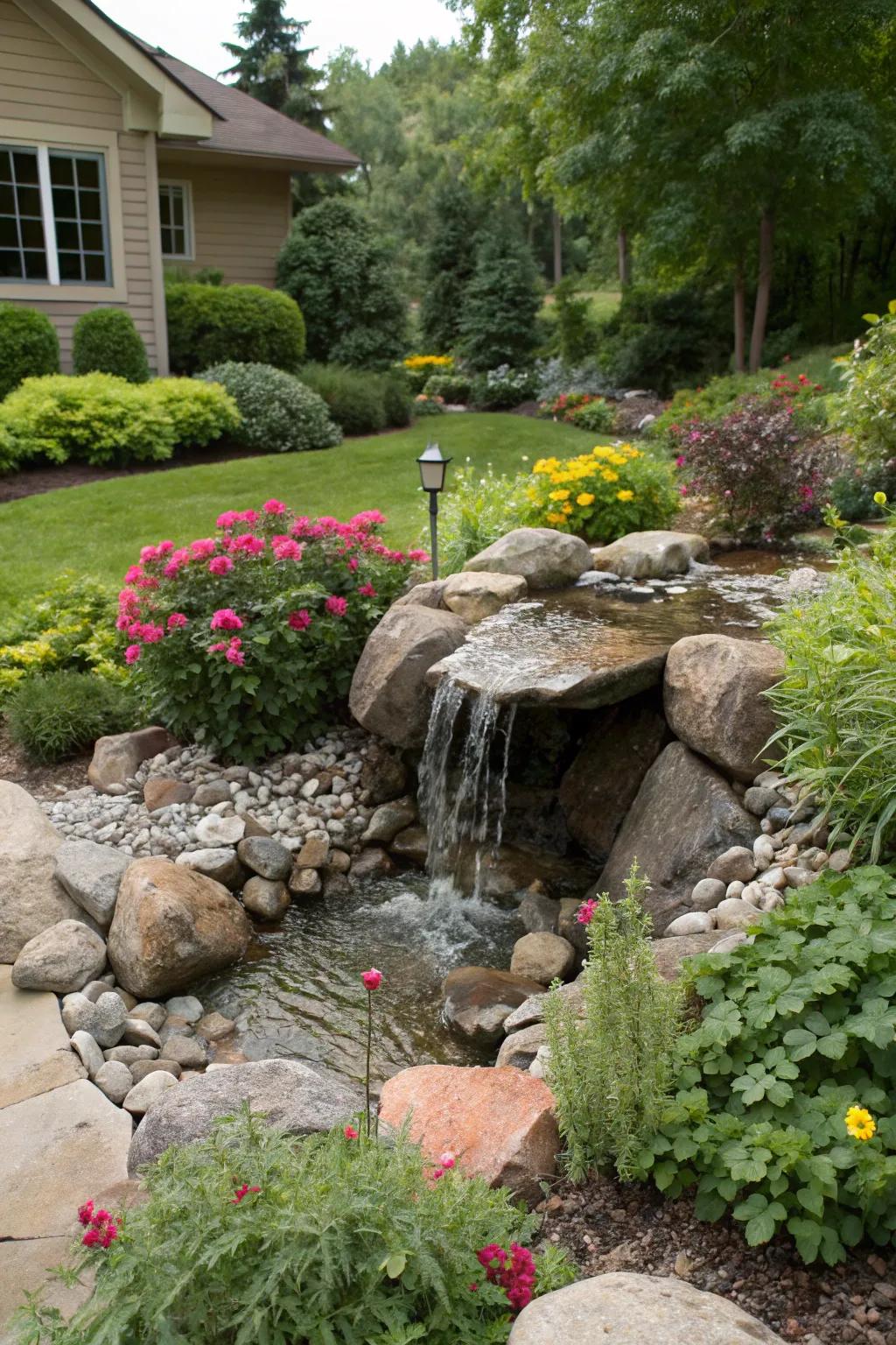 This pondless design is both eco-friendly and visually appealing.