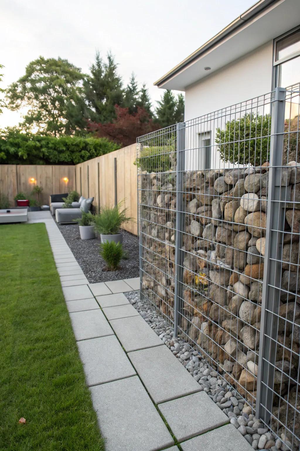 Gabion walls combine strength and style for a modern fence.