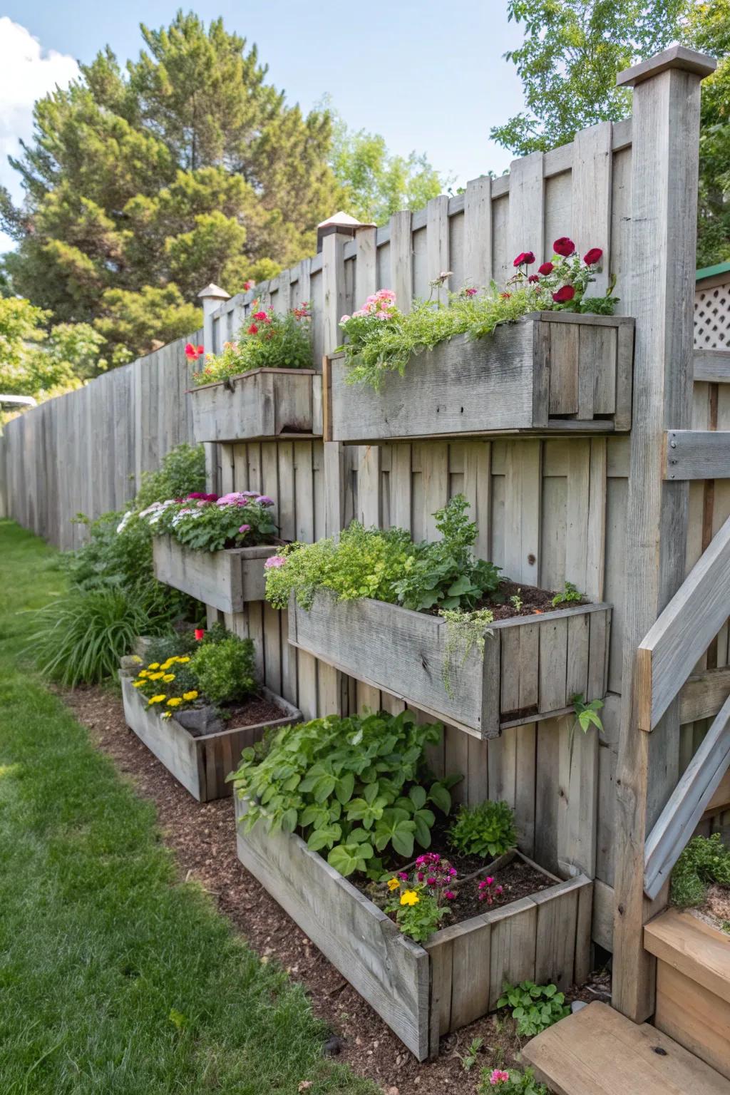 Tiered planter boxes add depth and dimension to your fence line.