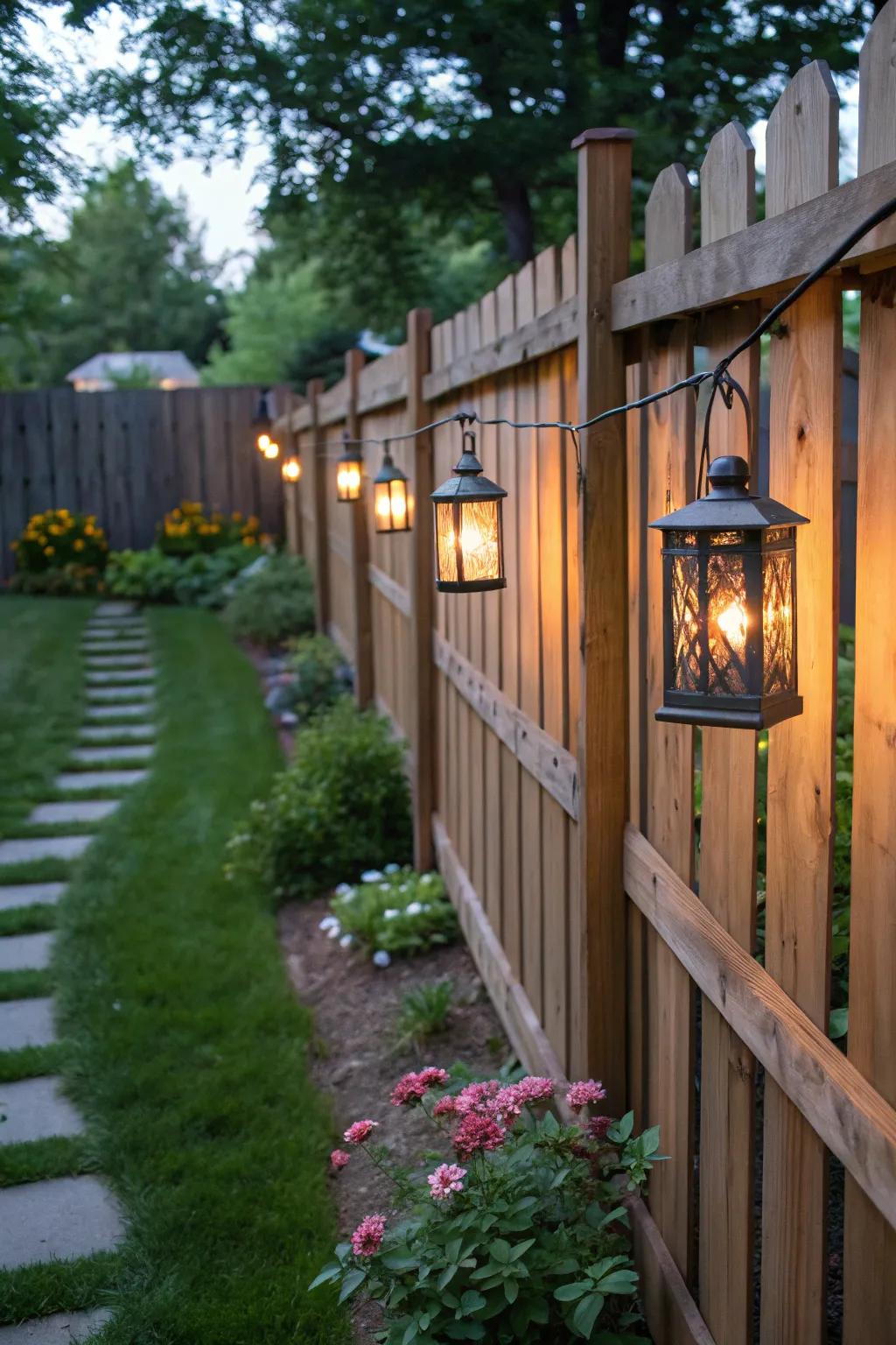 Hanging lanterns create a magical evening ambiance along your fence.