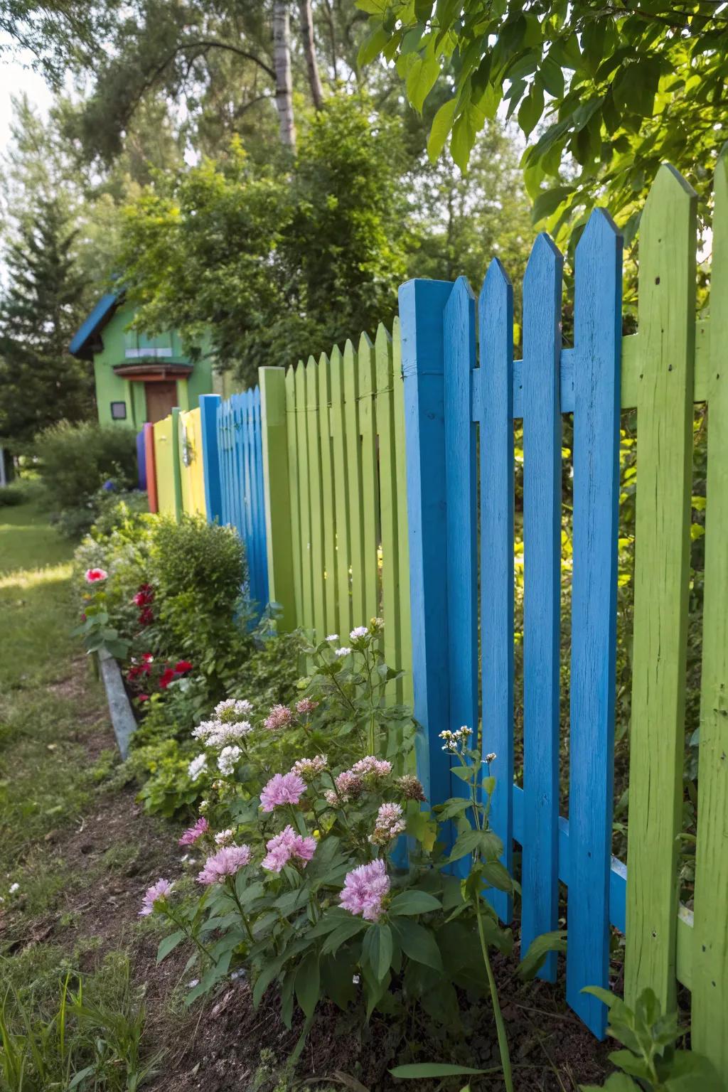 Colorful painted panels can transform a plain fence into a lively feature.
