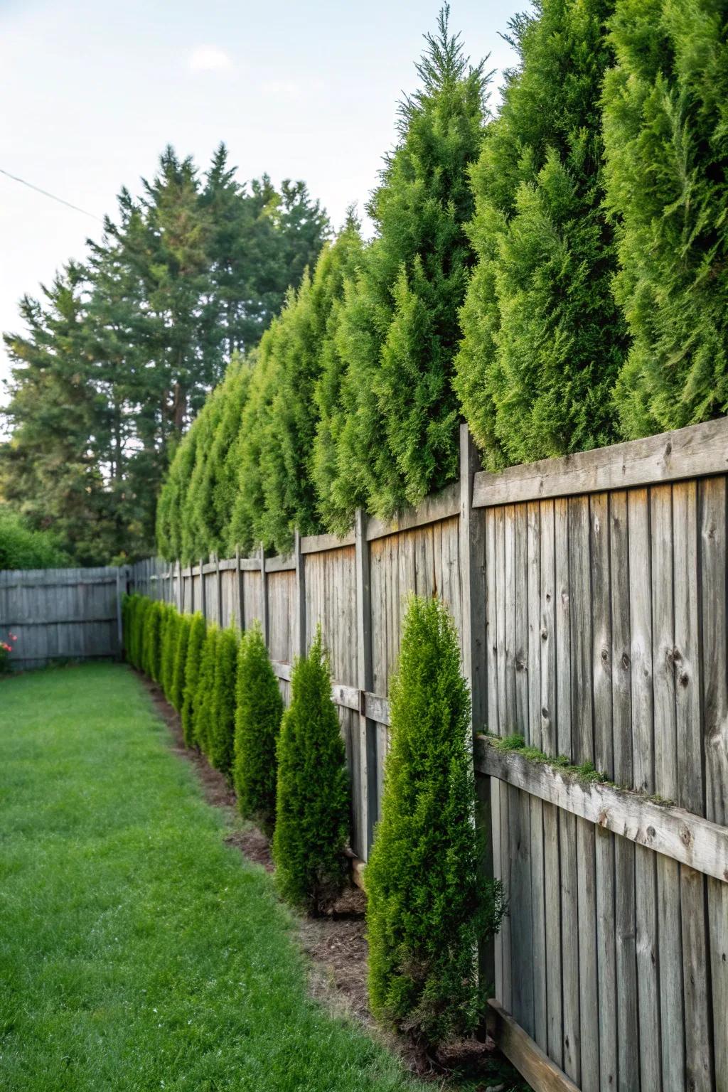 Evergreen shrubs offer a lush, year-round backdrop for your fence.