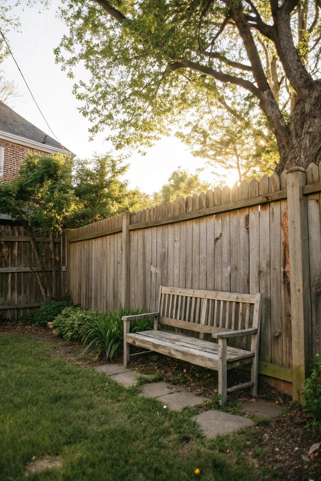 A bench along the fence creates a cozy backyard retreat.