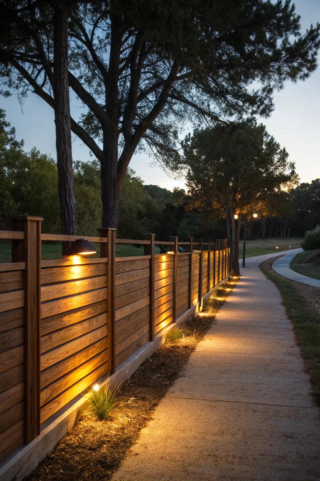 Integrated lighting transforms an ipe wood fence into a night-time haven.