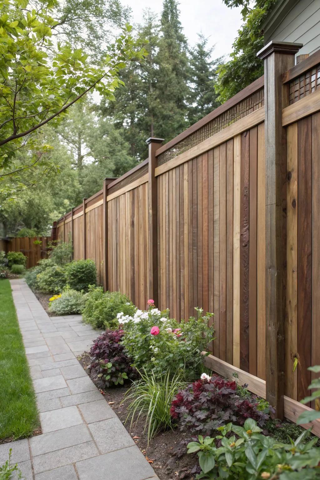 Mixed board widths on an ipe wood fence create a textural masterpiece.