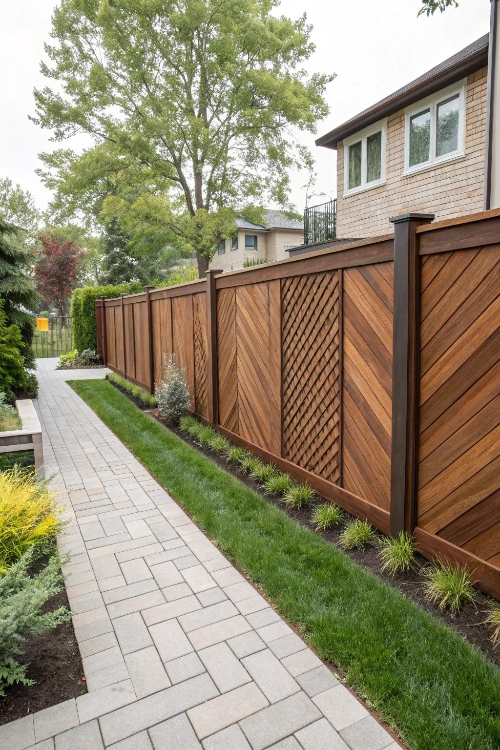 A herringbone patterned ipe wood fence adds a creative twist.