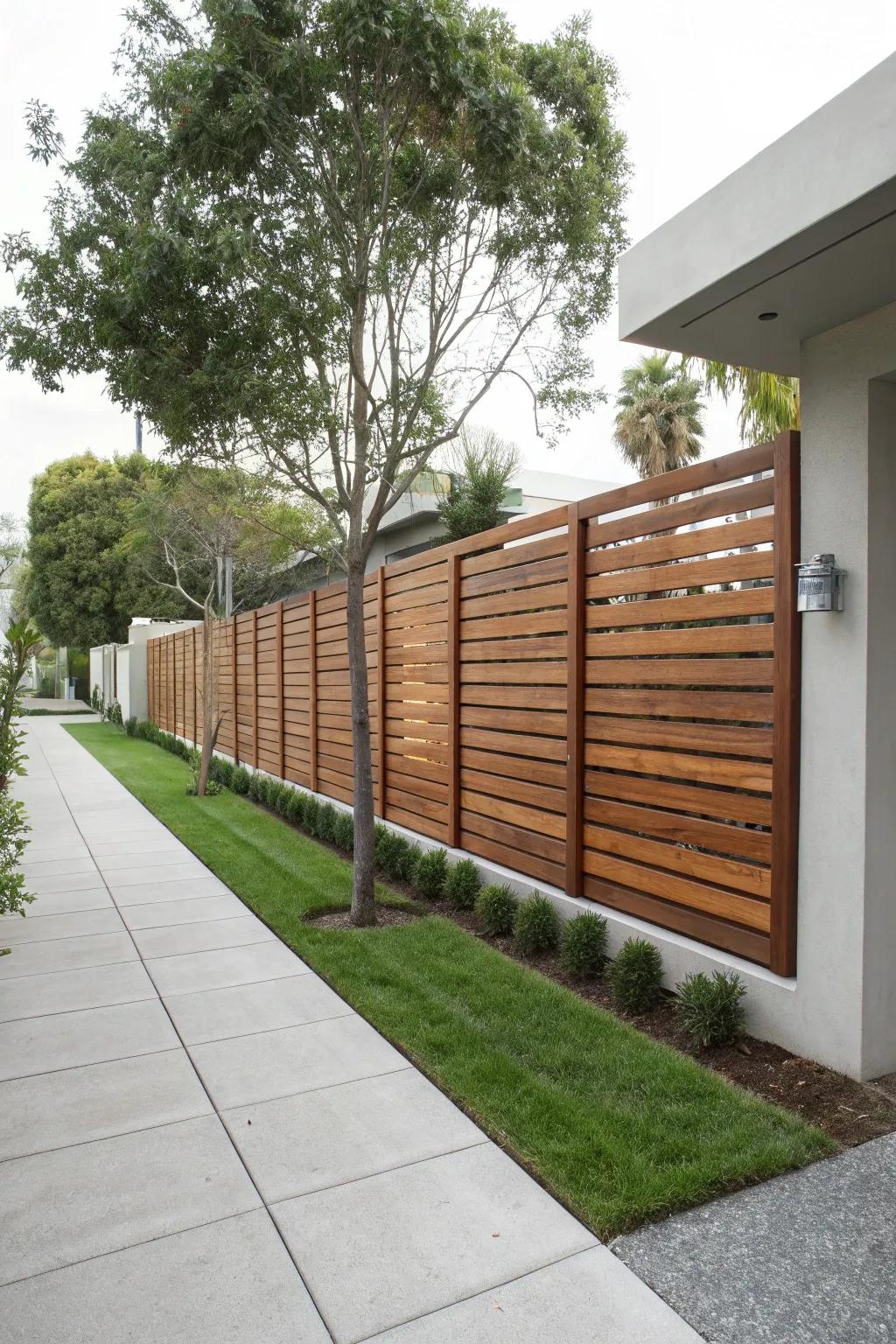 A minimalist horizontal ipe wood fence adds a touch of modern elegance.