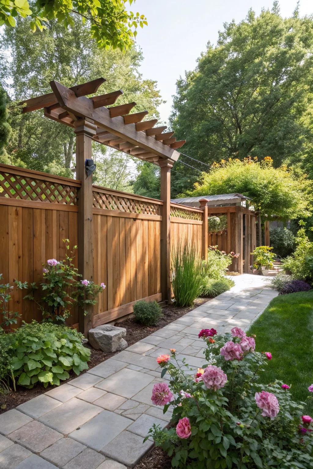An ipe wood fence elegantly transitions into a pergola for added charm.