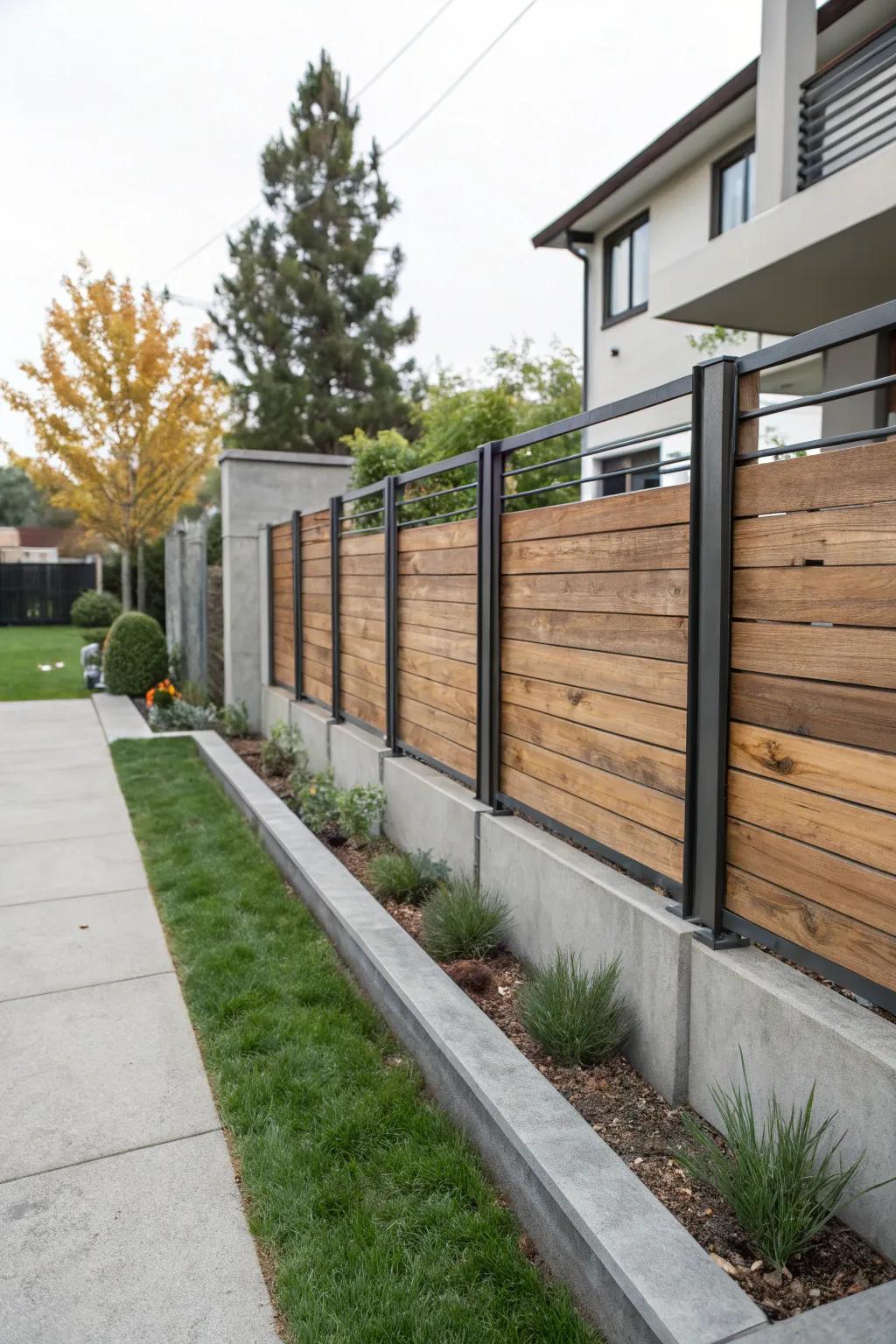 Contrast and elegance with ipe wood, metal, and concrete in a modern setting.