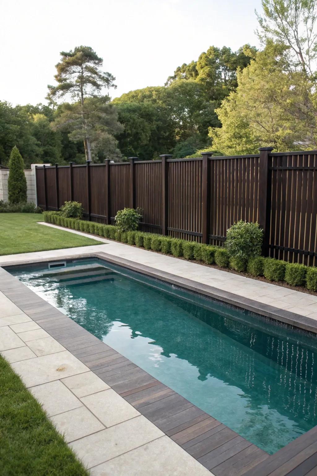 An ipe wood fence brings luxury and privacy to a poolside setting.