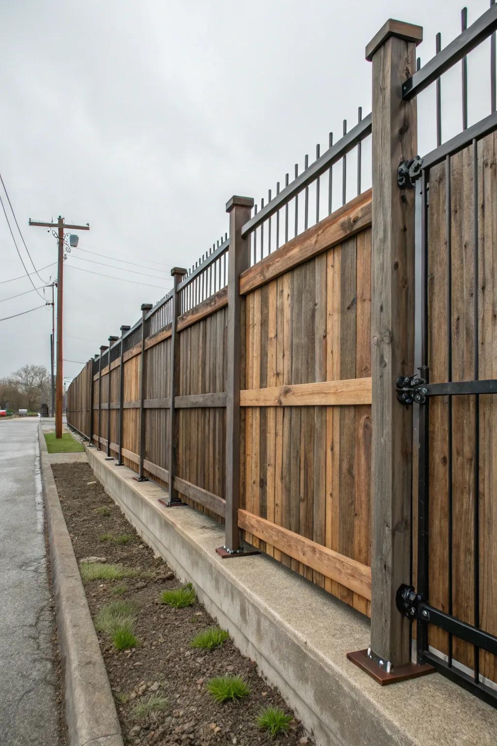 The fusion of ipe wood and iron creates an industrial yet inviting fence.