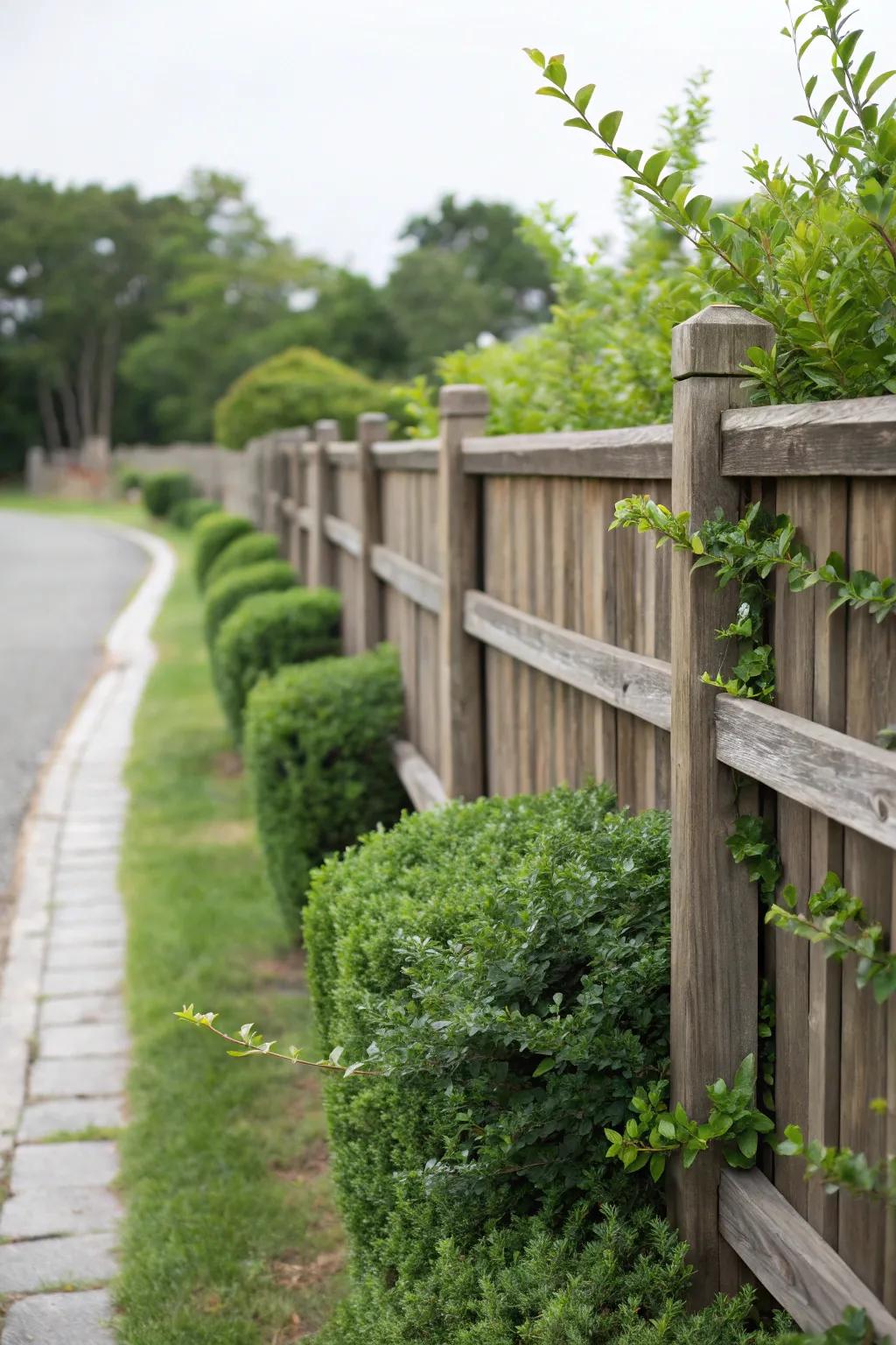 Boxwoods add classical elegance to an ipe wood fence design.