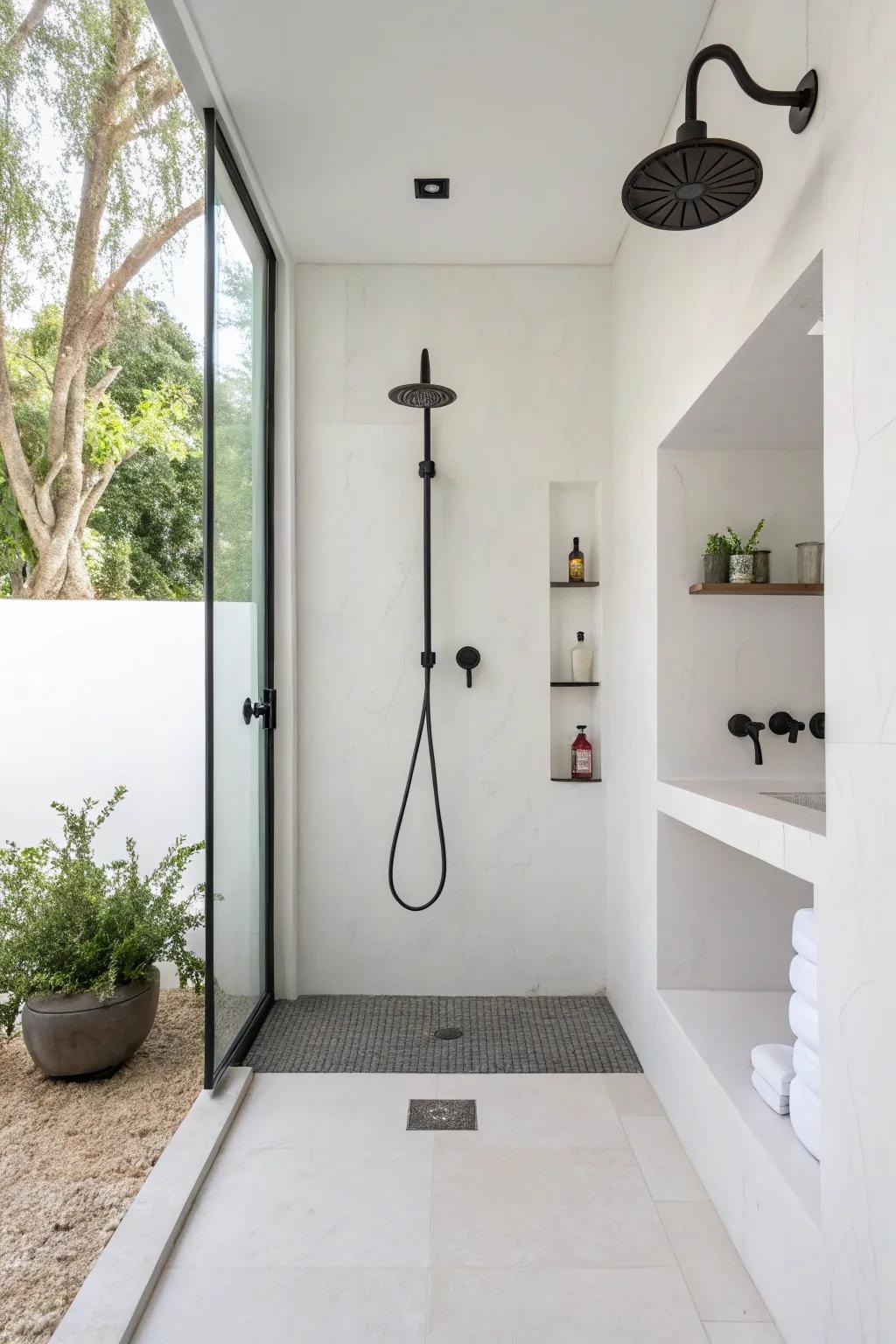 A modern minimalist shower with sleek fixtures.